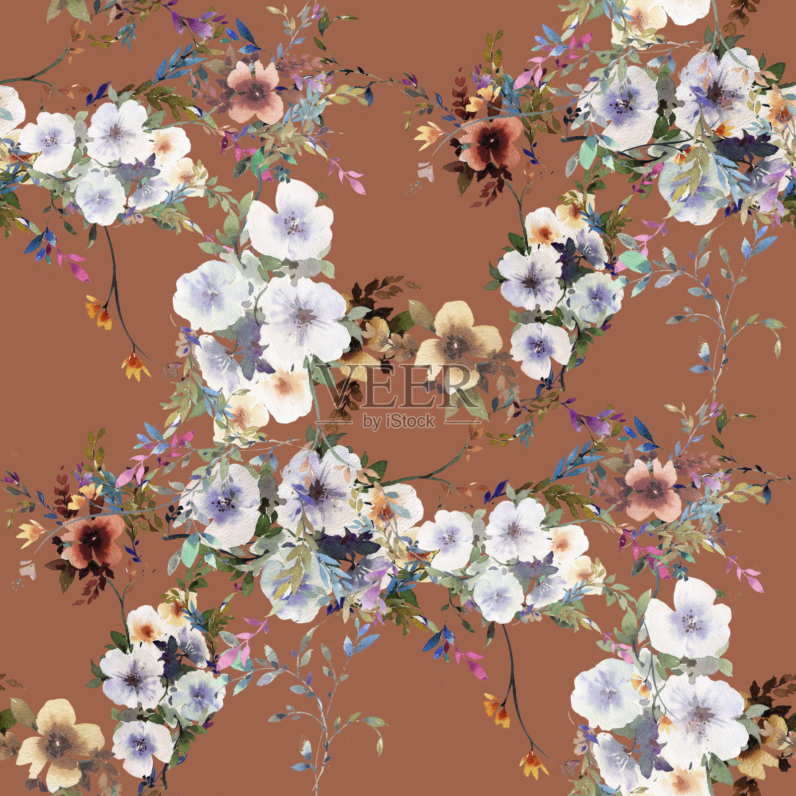 水彩画叶和花，无缝图案背景插画图片素材