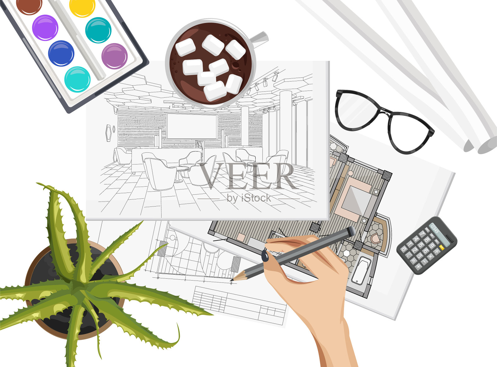 室内设计师书桌与潘通颜色公式插画图片素材