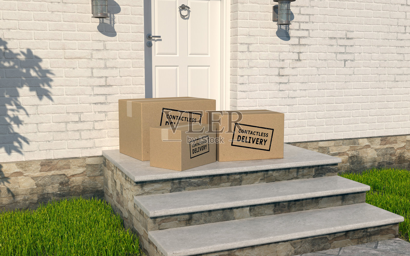非接触式送货理念，免触摸送货，玄关纸箱，网店安全下单。3D渲染-插图。照片摄影图片