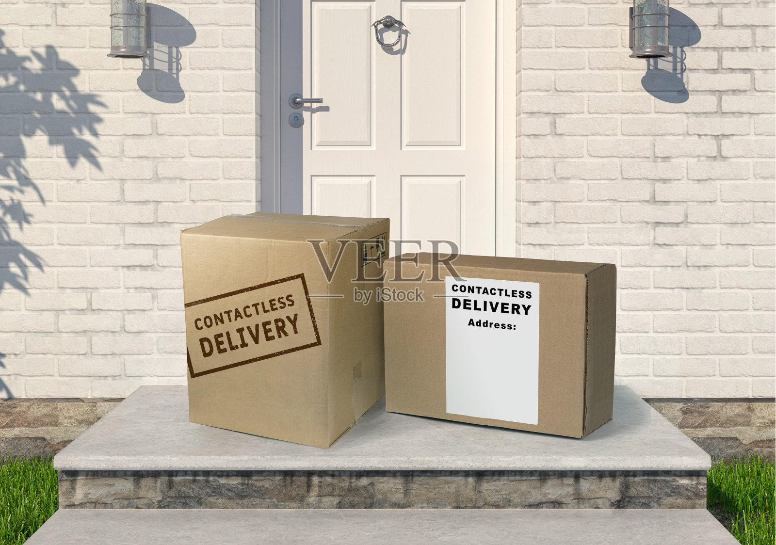 非接触式送货理念，免触摸送货，玄关纸箱，网店安全下单。3D渲染-插图。照片摄影图片