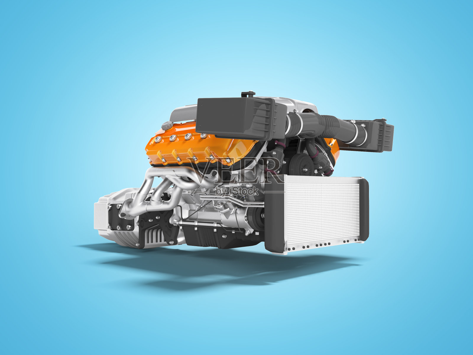 汽车发动机为八个气缸红色装配与空气过滤器、收集器和变速箱散热器3d渲染在蓝色背景与阴影照片摄影图片