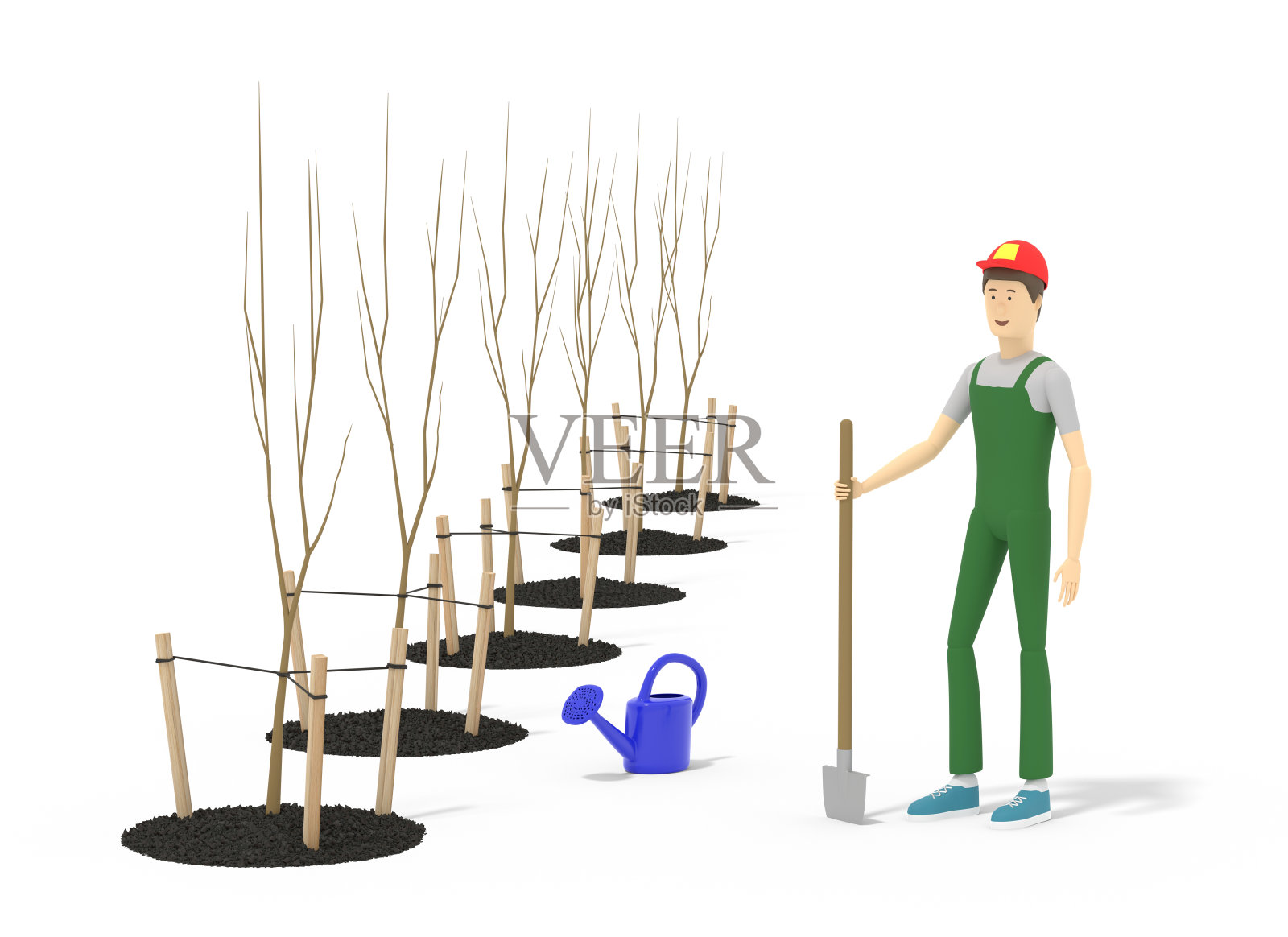 园丁正拿着铁锹站在旁边的那排刚种下的小树旁。三维演示照片摄影图片