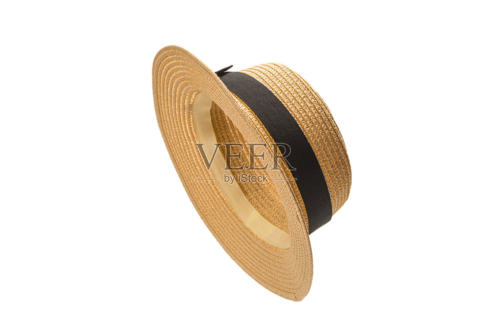 草帽黑色蝴蝶结孤立在白色照片摄影图片