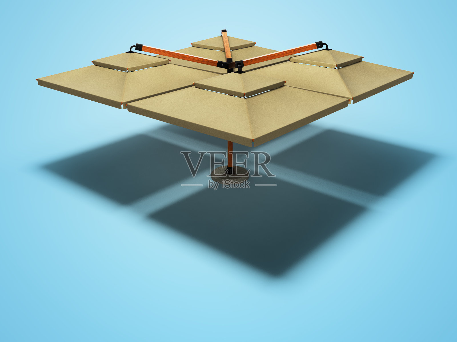 伟大的雨伞餐厅在中央支柱3D渲染蓝色背景与阴影照片摄影图片