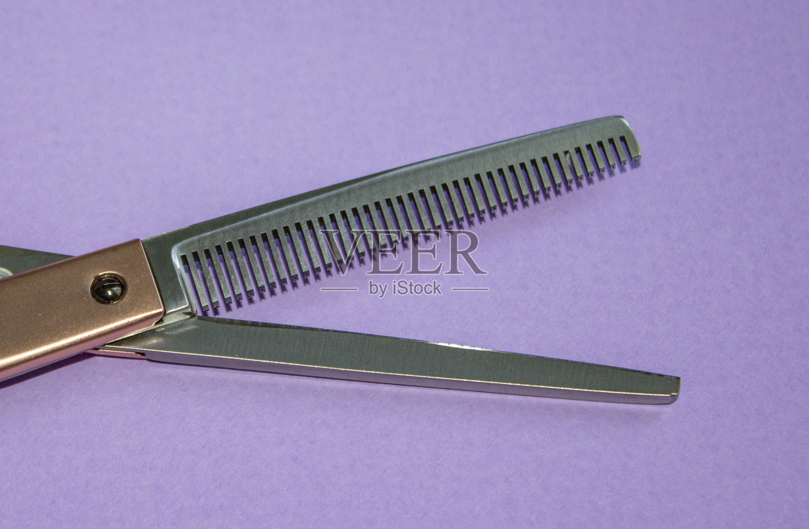 理发师的磨剪刀的刀片。在明确。固体紫色背景。基地,横幅,明信片。照片摄影图片