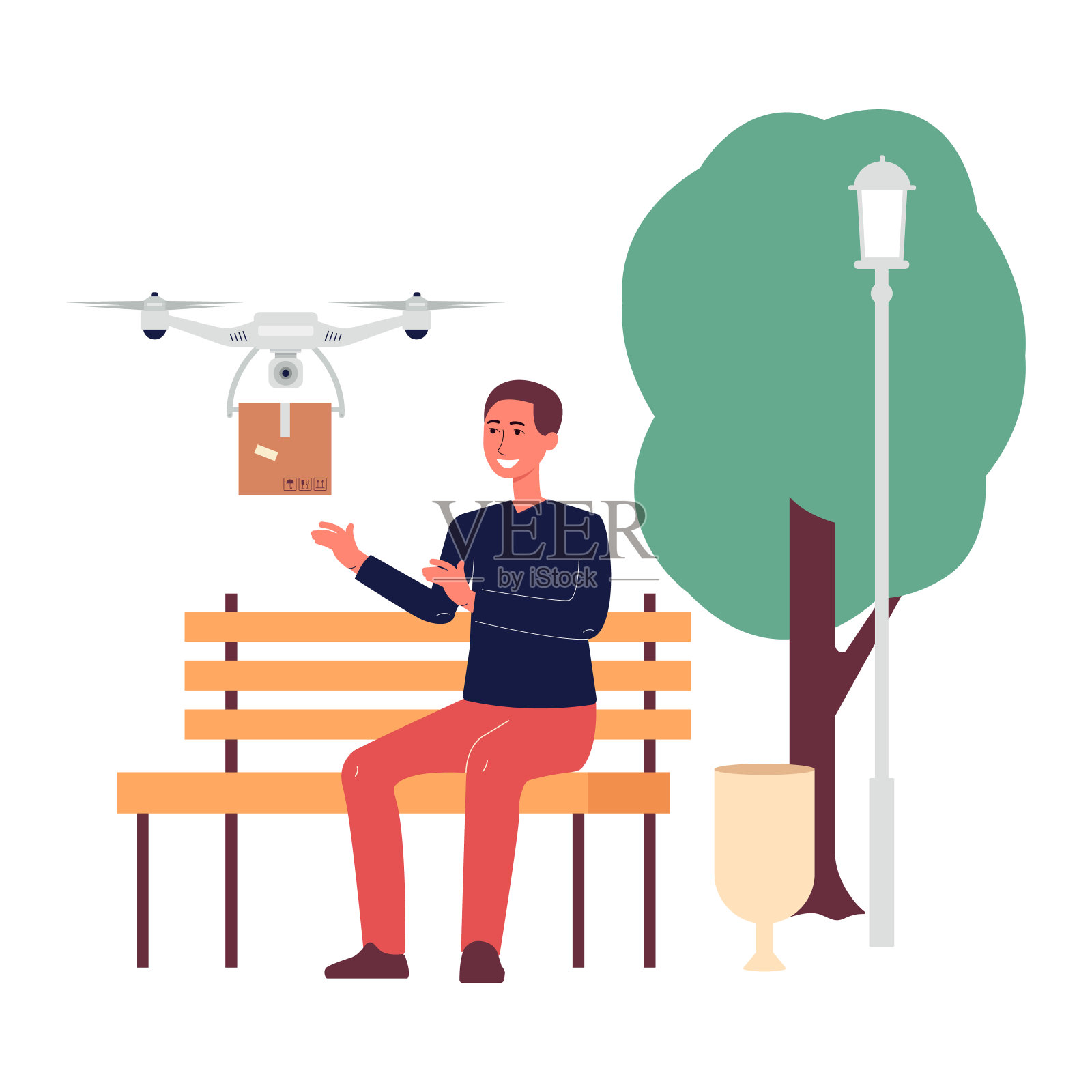 无人送货与人得到包裹平面矢量插图孤立。插画图片素材