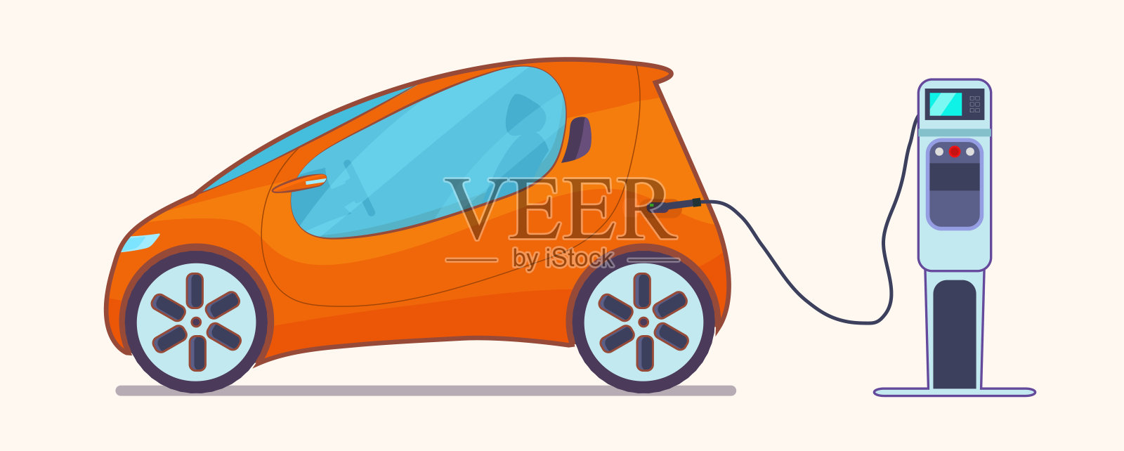紧凑的电动汽车。电动汽车正在充电，侧视图。矢量平面插图插画图片素材