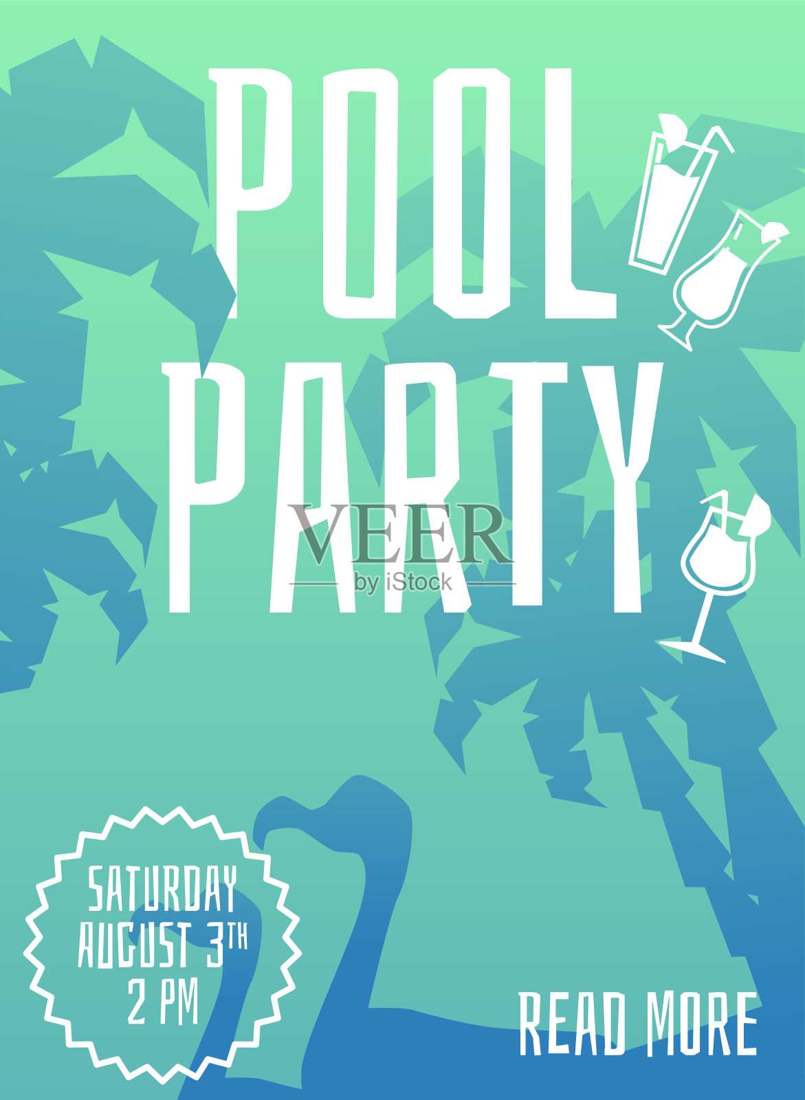 泳池派对请帖或公告设计平面矢量插图。插画图片素材