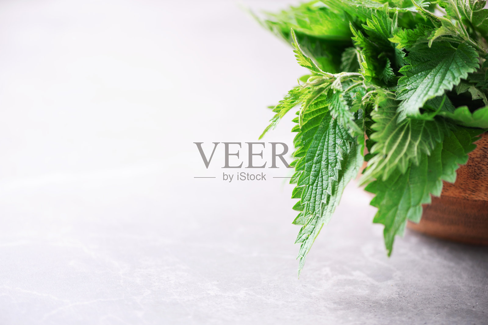 荨麻,荨麻属。灰色背景的木壶里的绿色荨麻叶子。替代草药。皮肤过敏。物理疗法,整体概念照片摄影图片