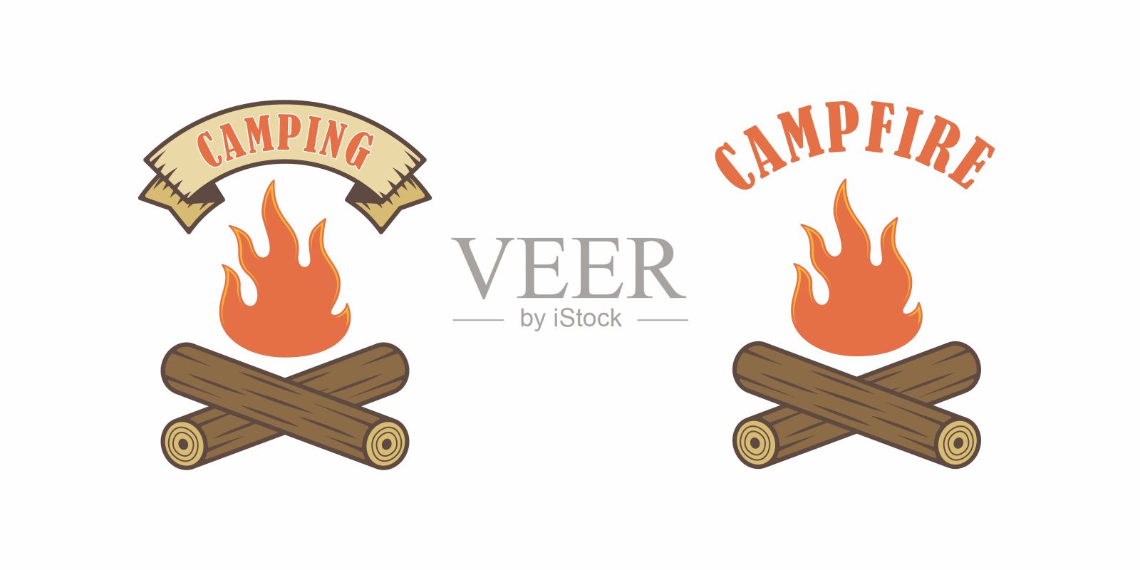 一套彩色插图篝火，丝带和文字在一个白色的背景。插画图片素材