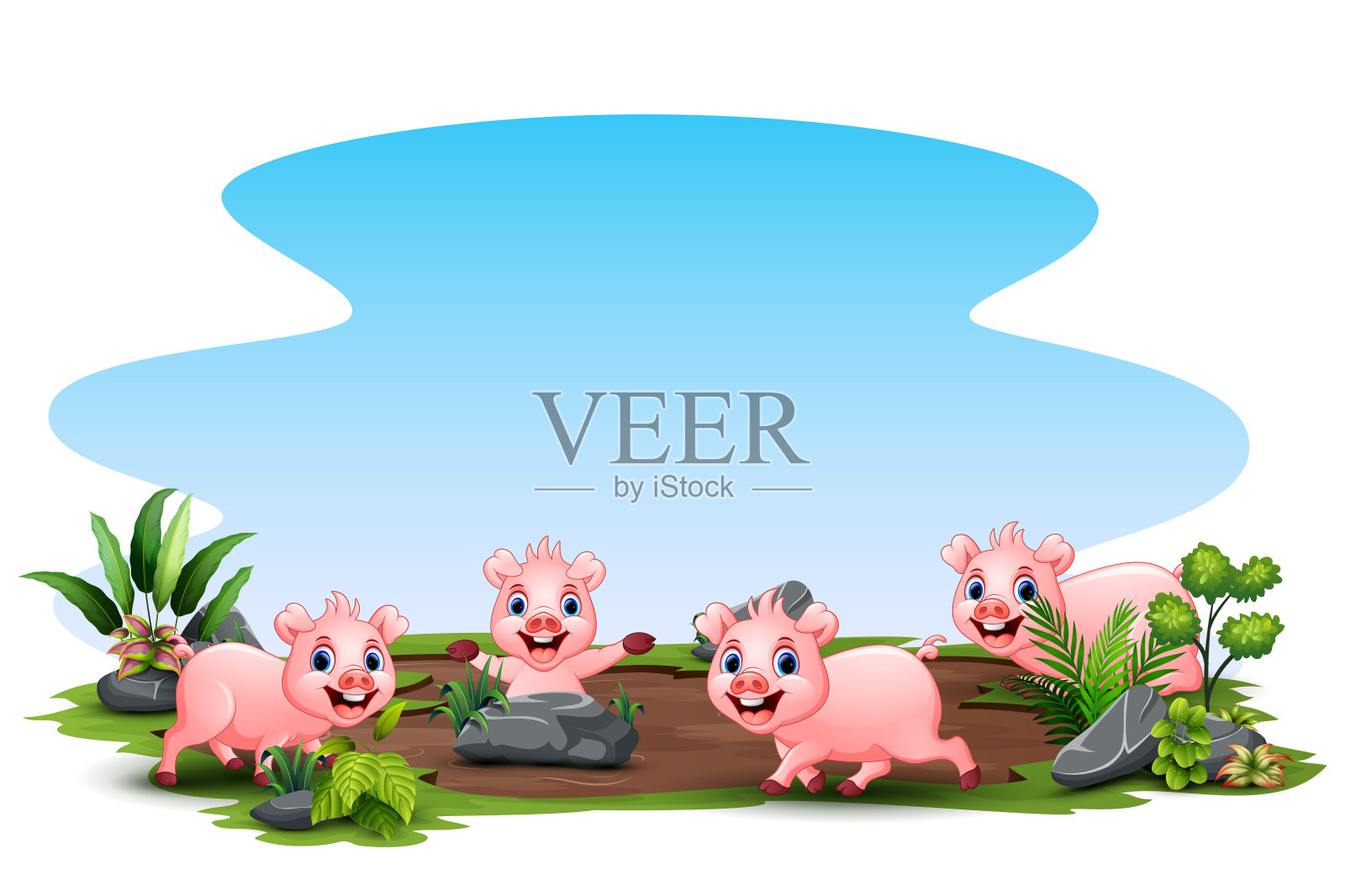 一群小猪在操场上玩耍插画图片素材