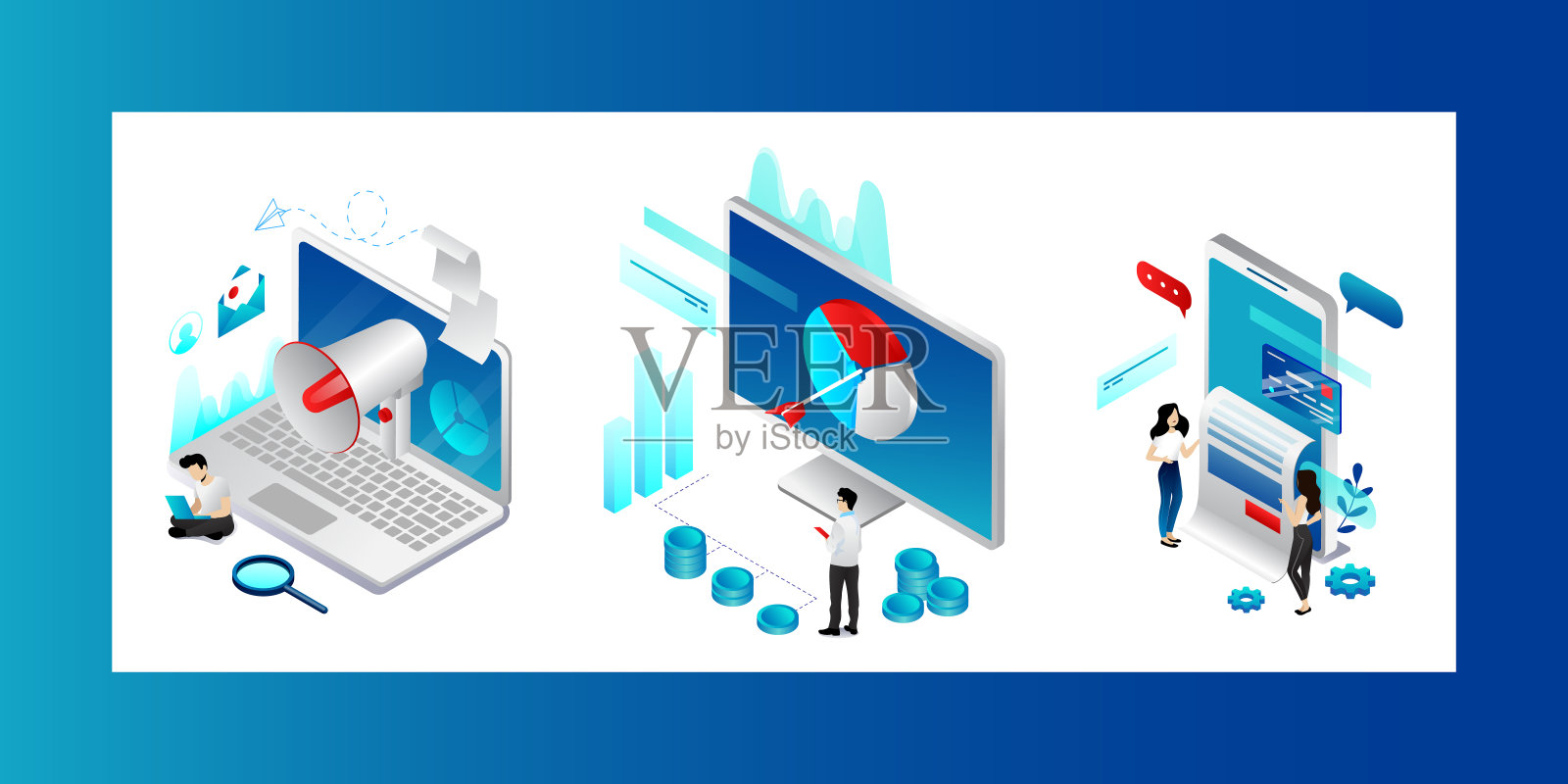 数字营销的概念。特征搜索趋势，策略和产品推广的可能性。男性和女性在社交媒体广告中实现商业目标。等距3D矢量插图插画图片素材