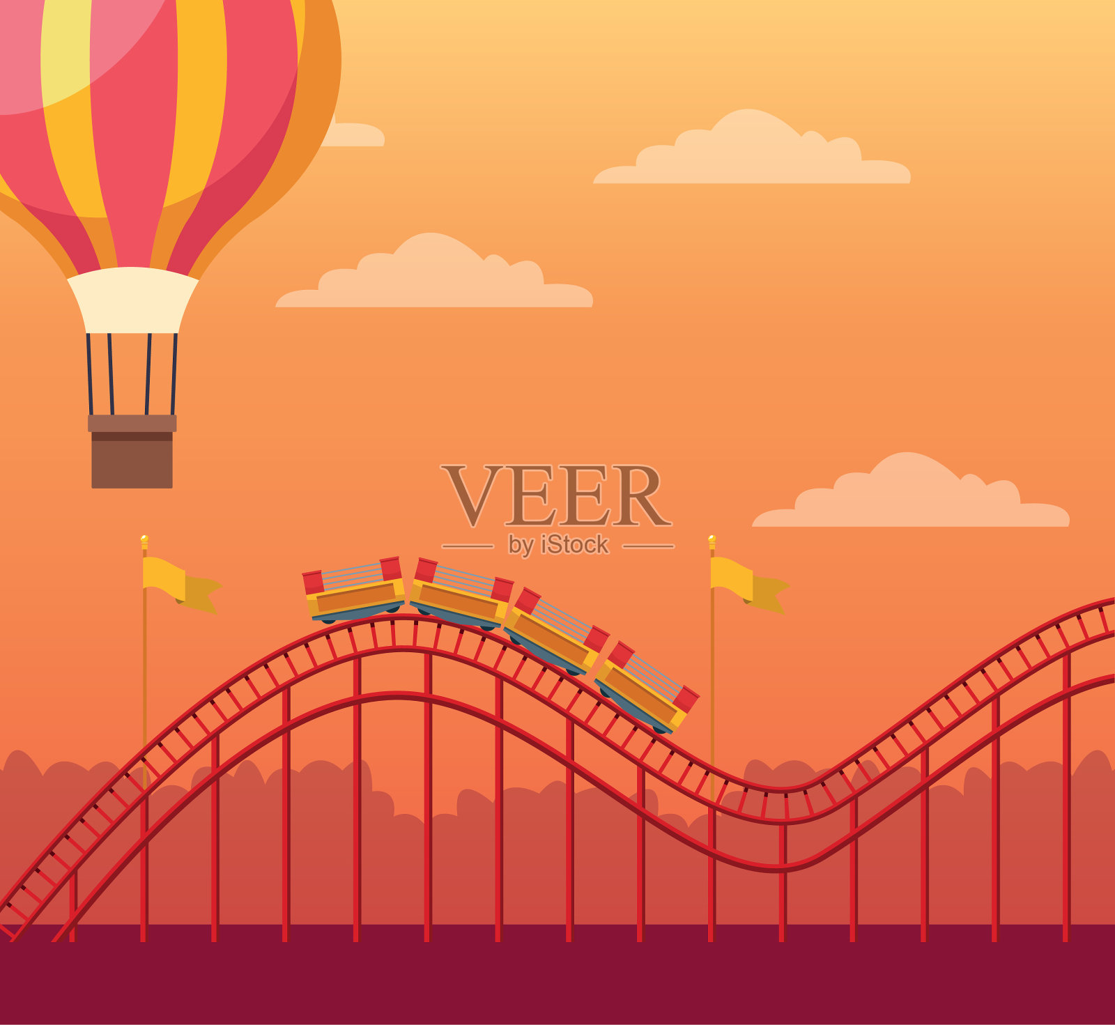 热气球和过山车越过橙色插画图片素材