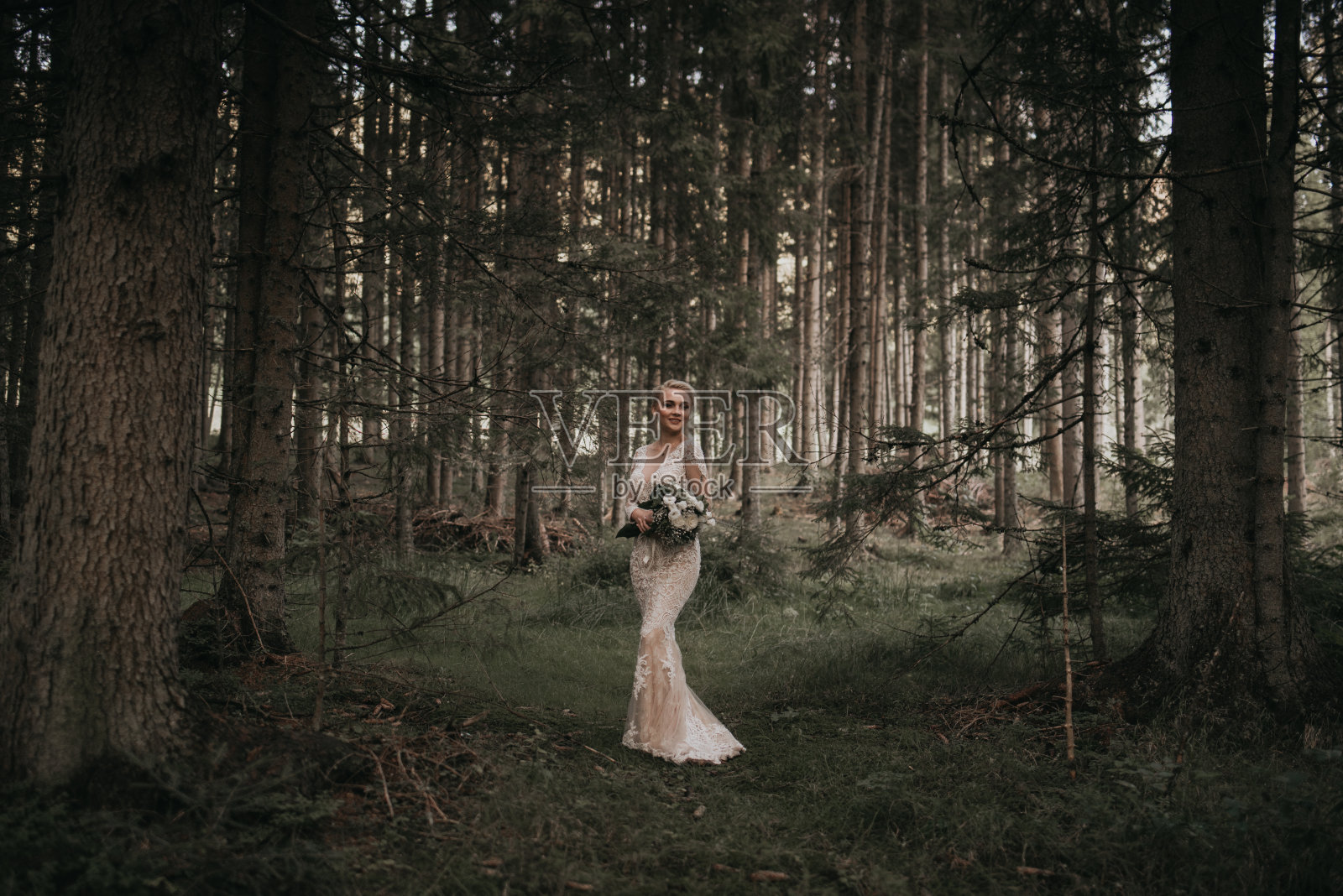 非常美丽的新娘和新郎正在享受浪漫时光，风在森林里吹着麦穗。照片摄影图片