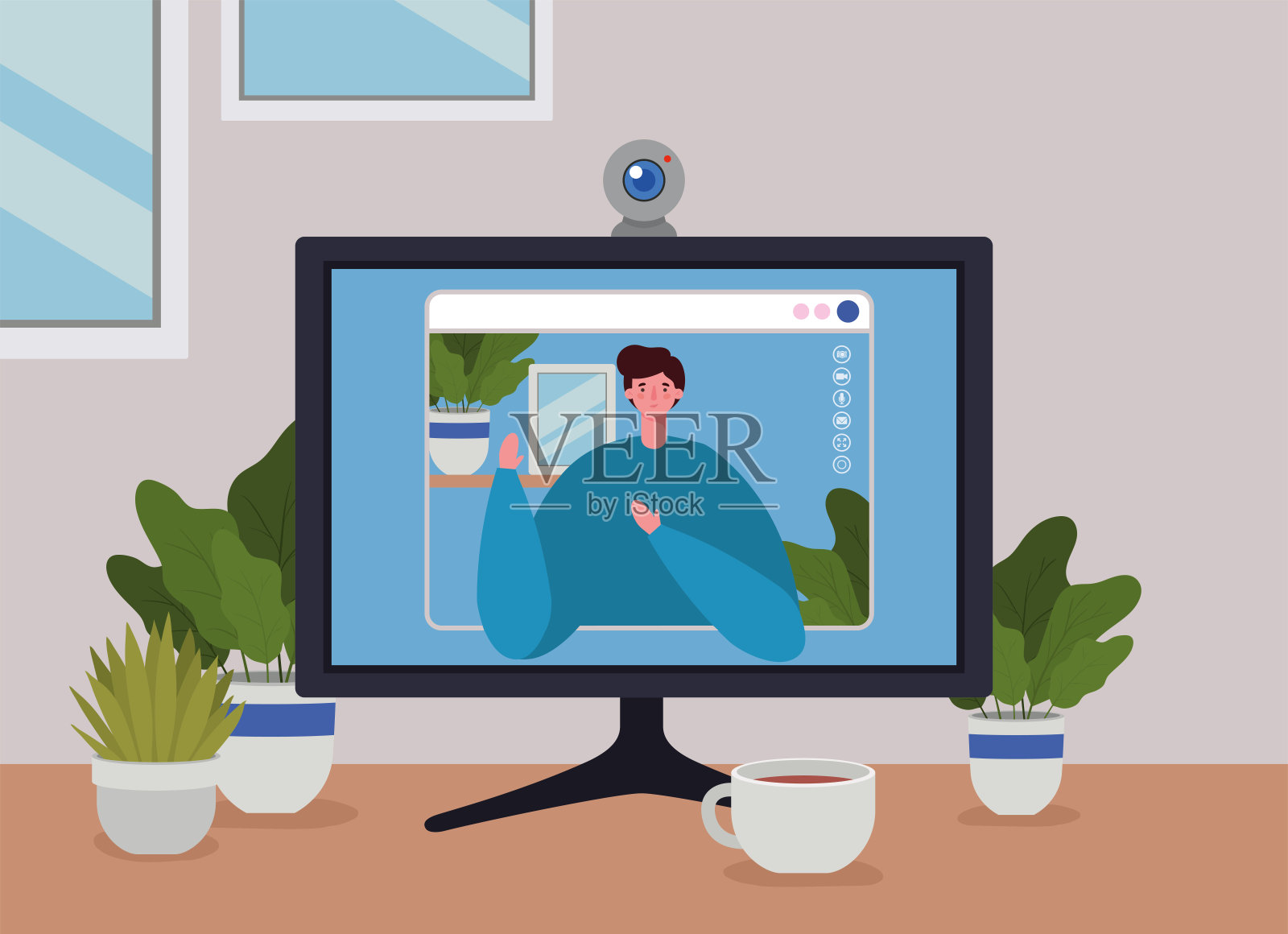 视频聊天中电脑上的男人头像矢量设计插画图片素材