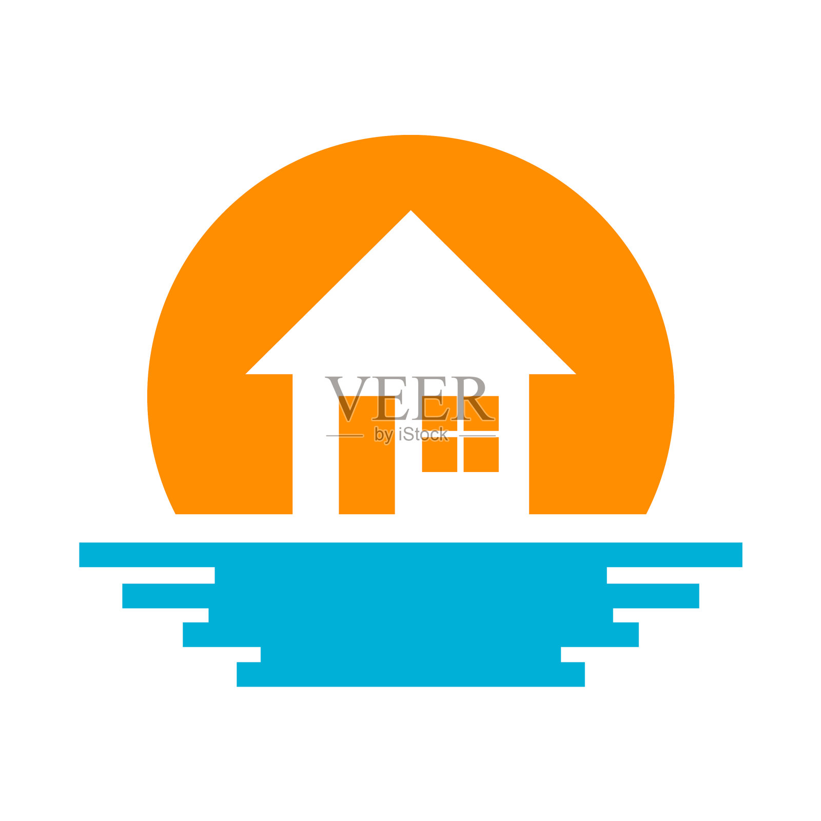 海滩别墅与日落标志设计模板图标素材