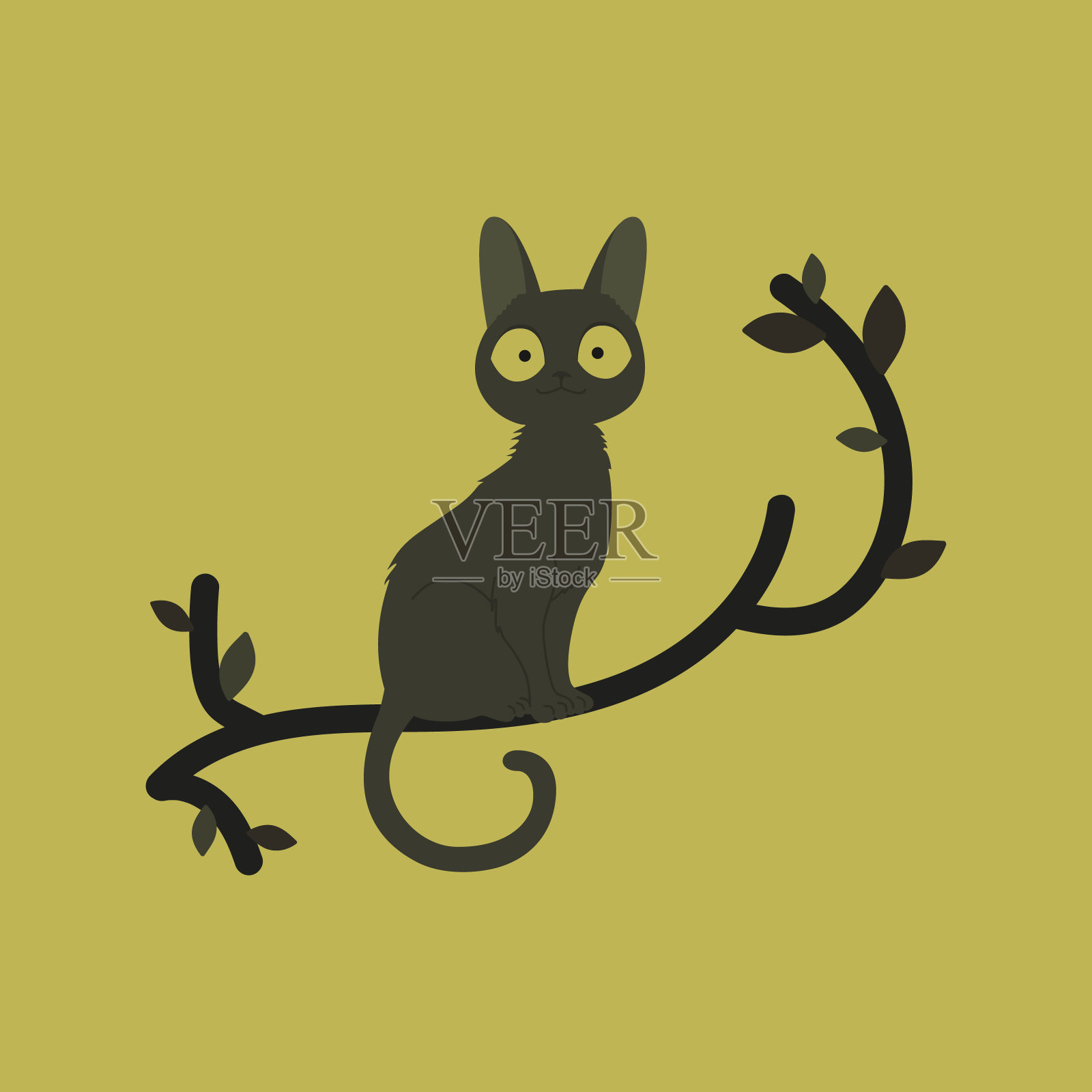 可爱的春天猫在树枝上插画图片素材