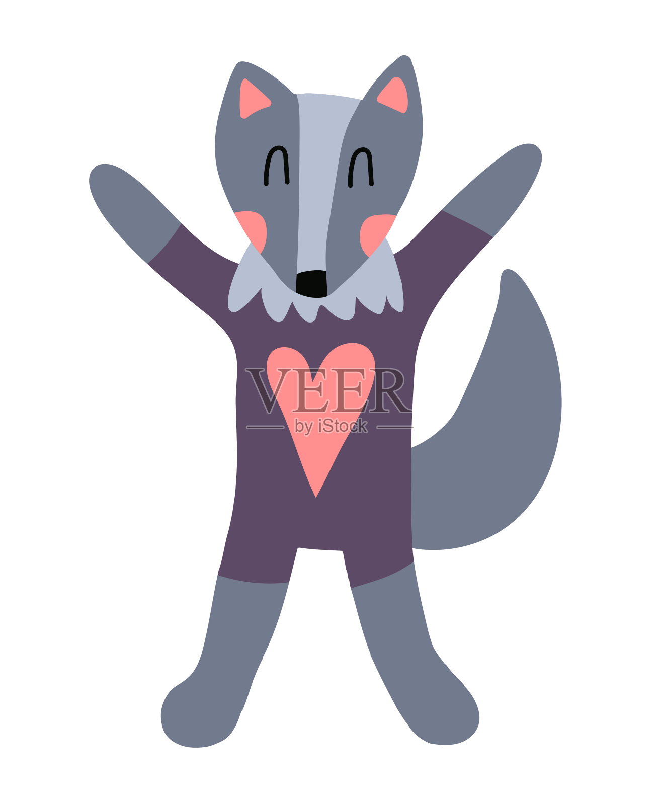 可爱的猎物灰太狼高兴地张开双臂迎接。矢量插图孤立在白色背景在斯堪的纳维亚风格。可爱的印花为设计的儿童产品。森林生活设计元素图片