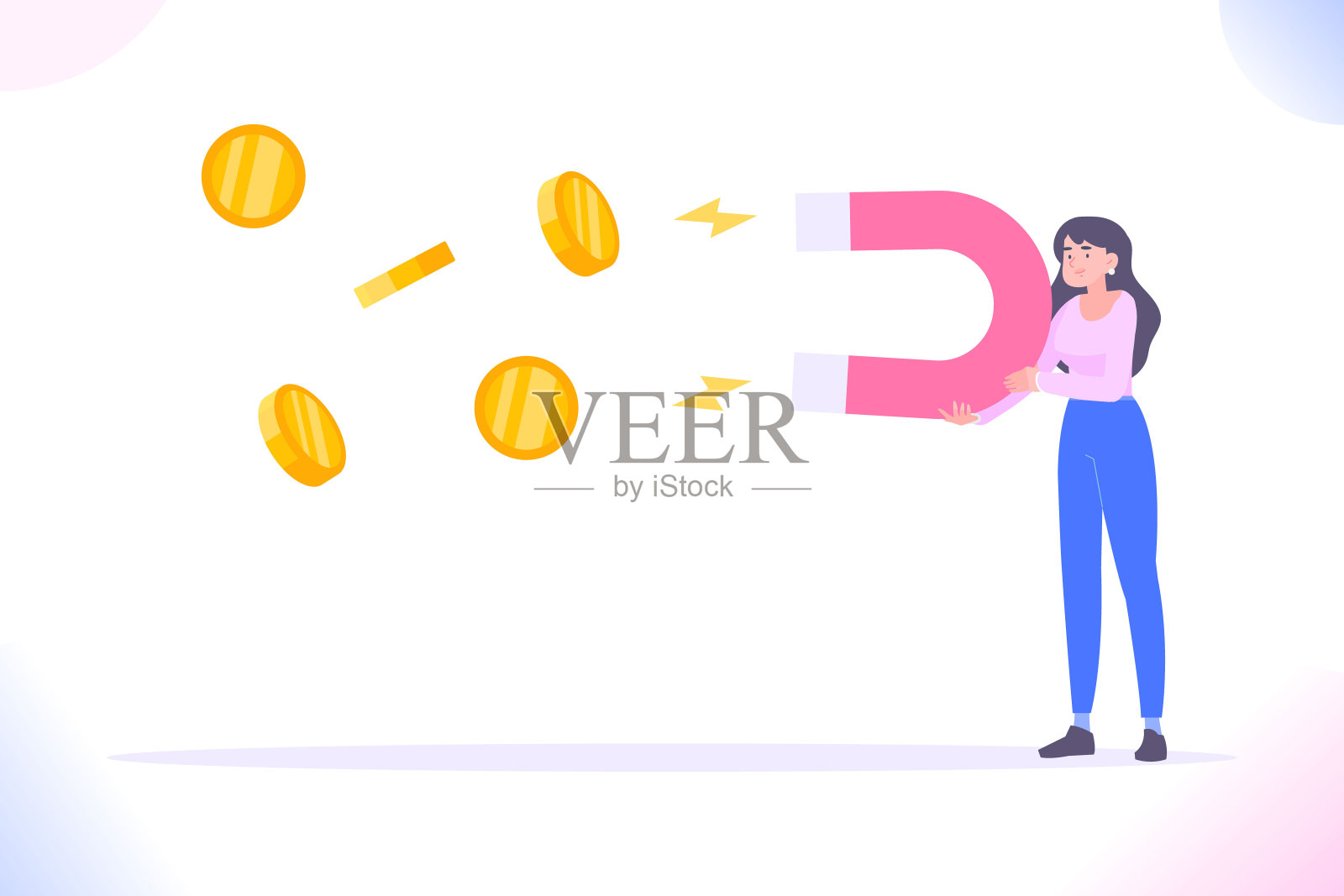 投资吸引力的概念。年轻女子拿着巨大的磁铁吸引钱或硬币。投币磁铁、投资人或创业招商。业务增长概念，矢量插图插画图片素材