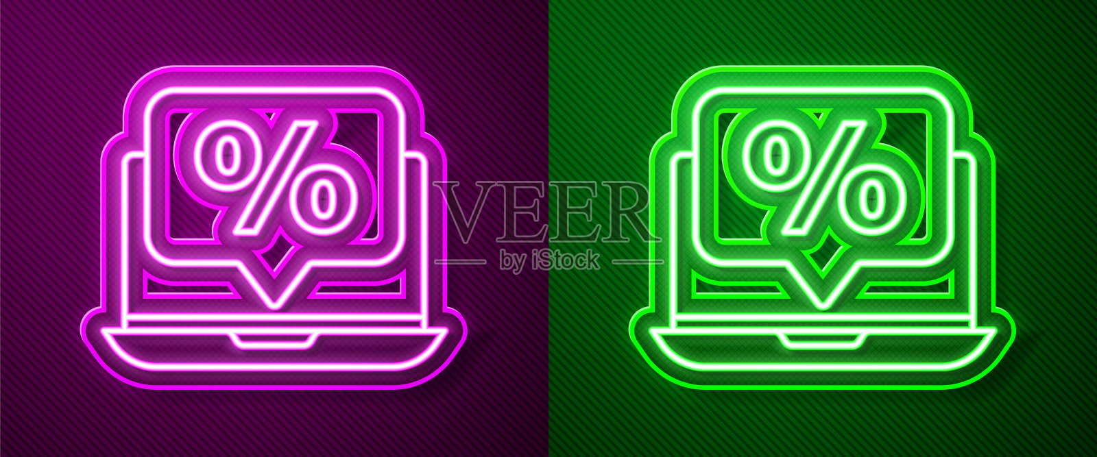 发光的霓虹灯线百分之折扣和笔记本电脑图标孤立在紫色和绿色的背景。销售百分比-价格标签，标签。矢量图图标素材