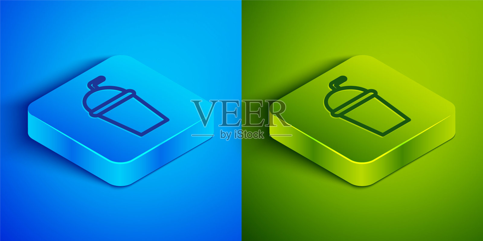 纸玻璃与饮用吸管和水图标隔离在蓝色和绿色背景。苏打饮料的玻璃。新鲜冷饮的象征。方形按钮。矢量图图标素材