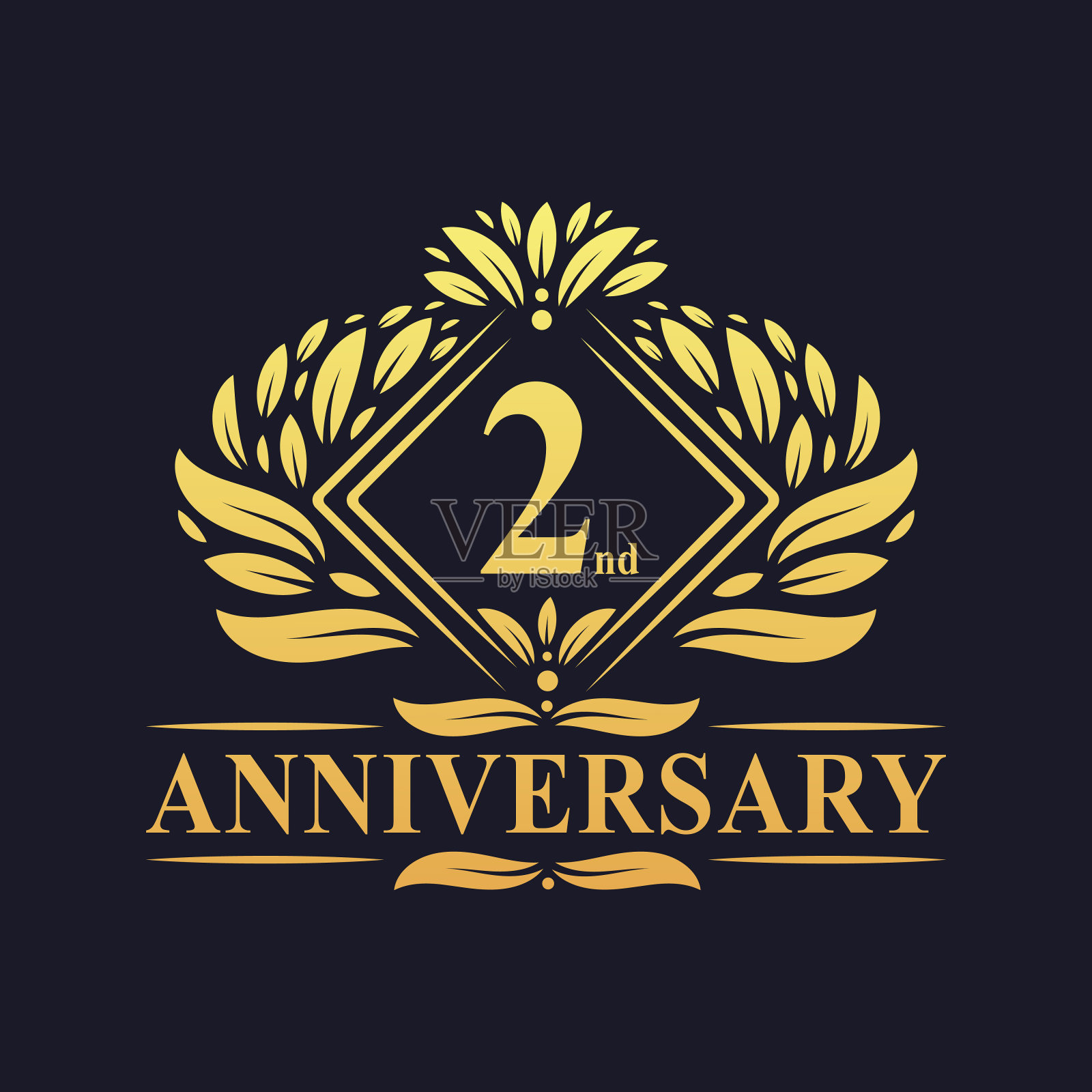 2周年纪念标志，豪华花金色2周年纪念标志。插画图片素材