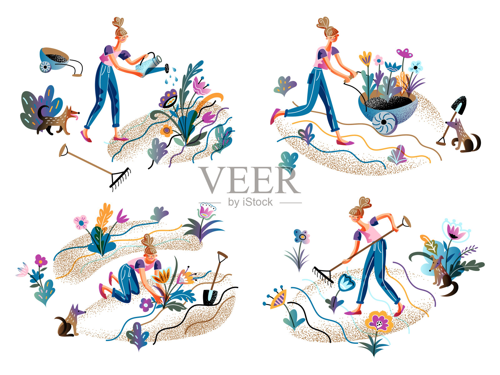 妇女从事园艺孤立场景设置插画图片素材