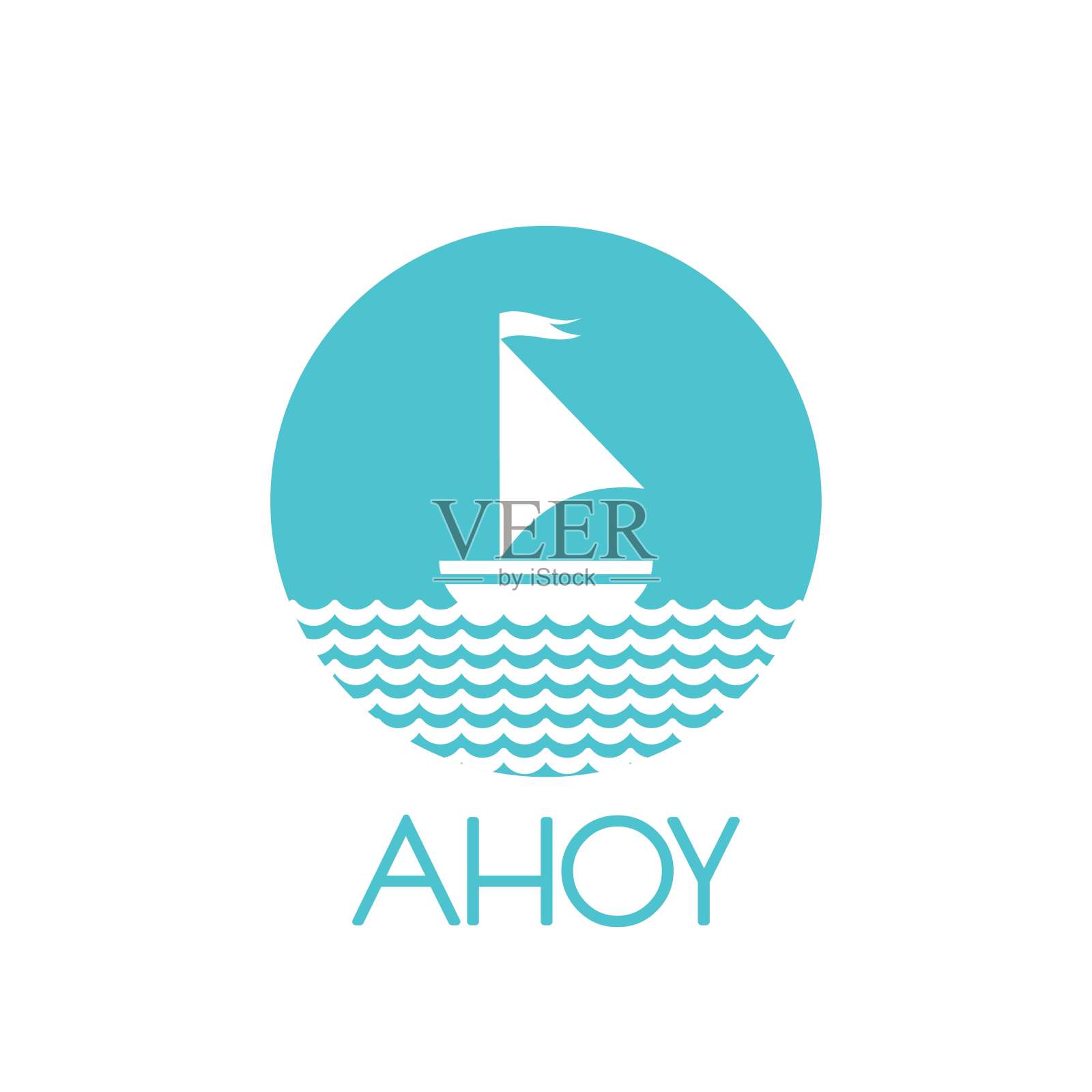 扁平的粉蓝色剪影的船与两个帆和小飘扬的旗帜在水面上。插画图片素材