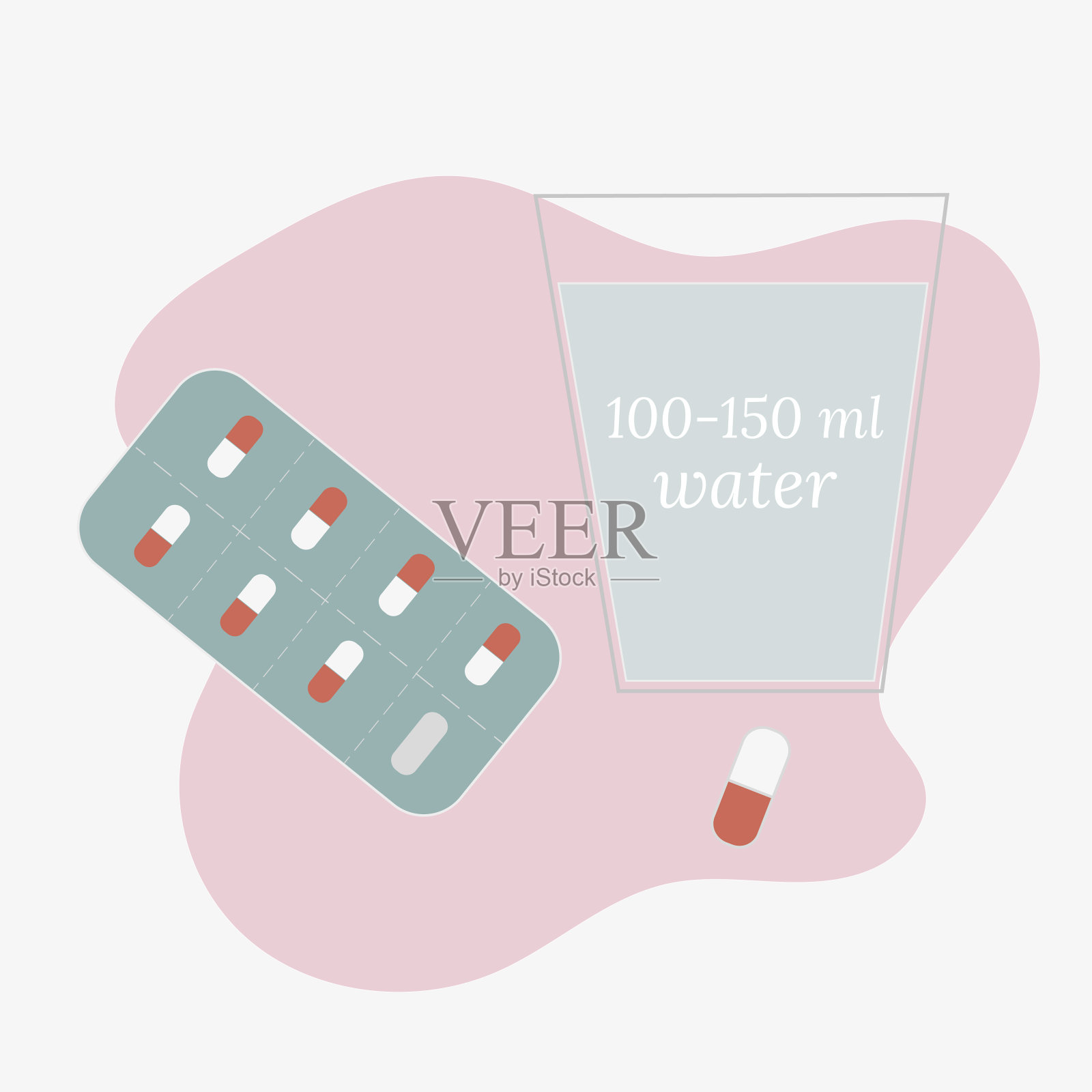 吃药，胶囊，药丸。药丸喝水。用胶囊和一杯水来水泡。医疗的概念。矢量插图。插画图片素材