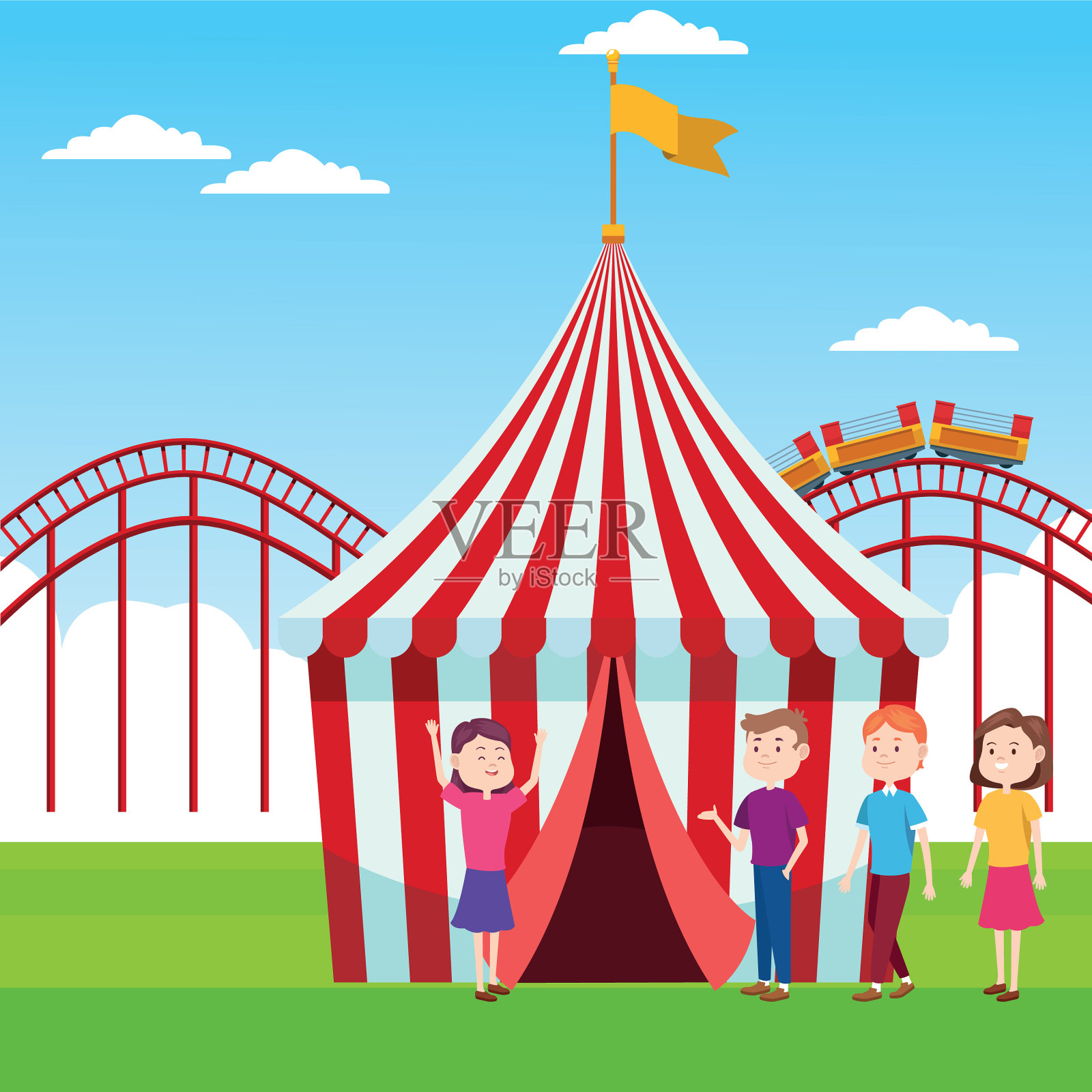 集市帐篷和站在过山车上的人插画图片素材