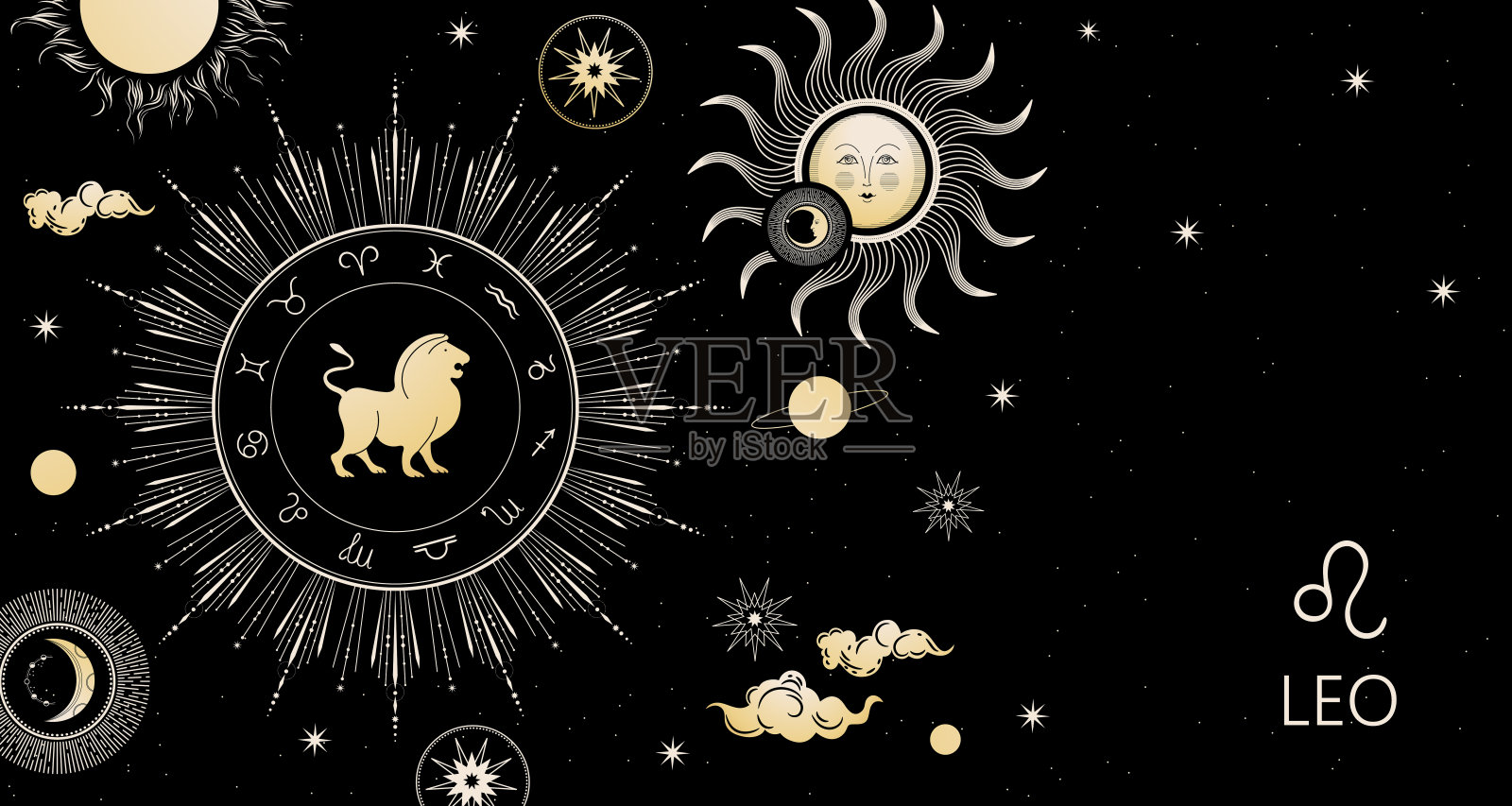 星座的背景。狮子星座。水平的旗帜。插画图片素材