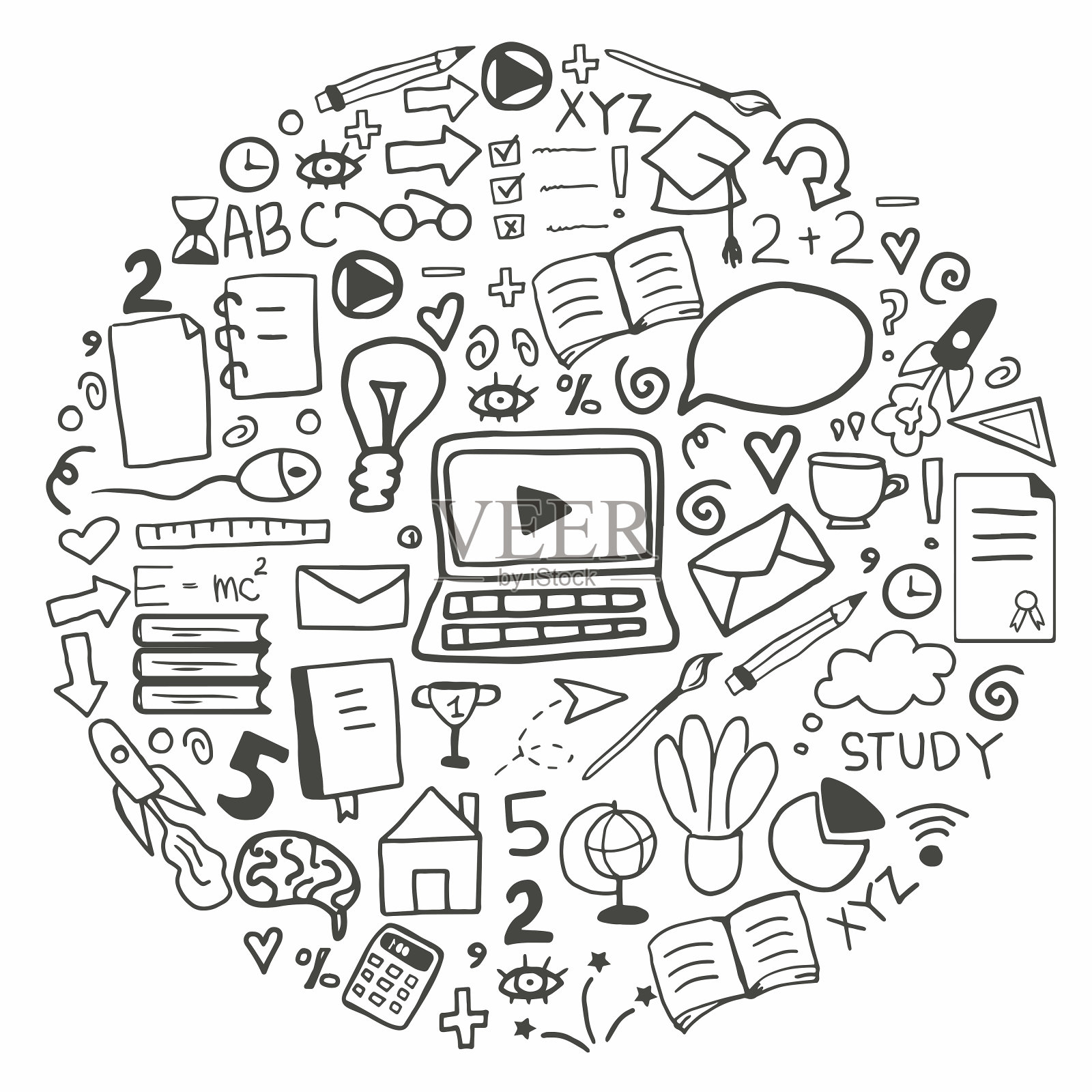 手绘涂鸦集与教育符号。矢量在线学习网站横幅。在线教育涂鸦。圆形式的线概念。插画图片素材