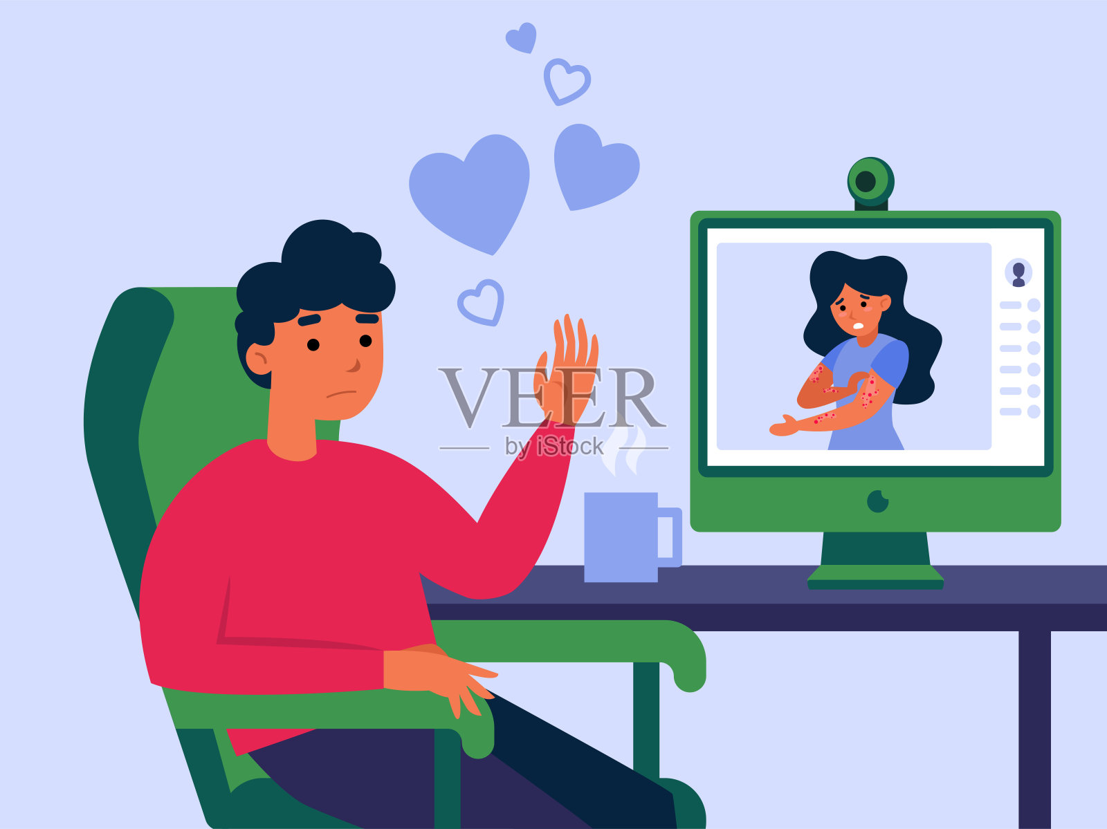 情侣通过视频电话在线约会插画图片素材