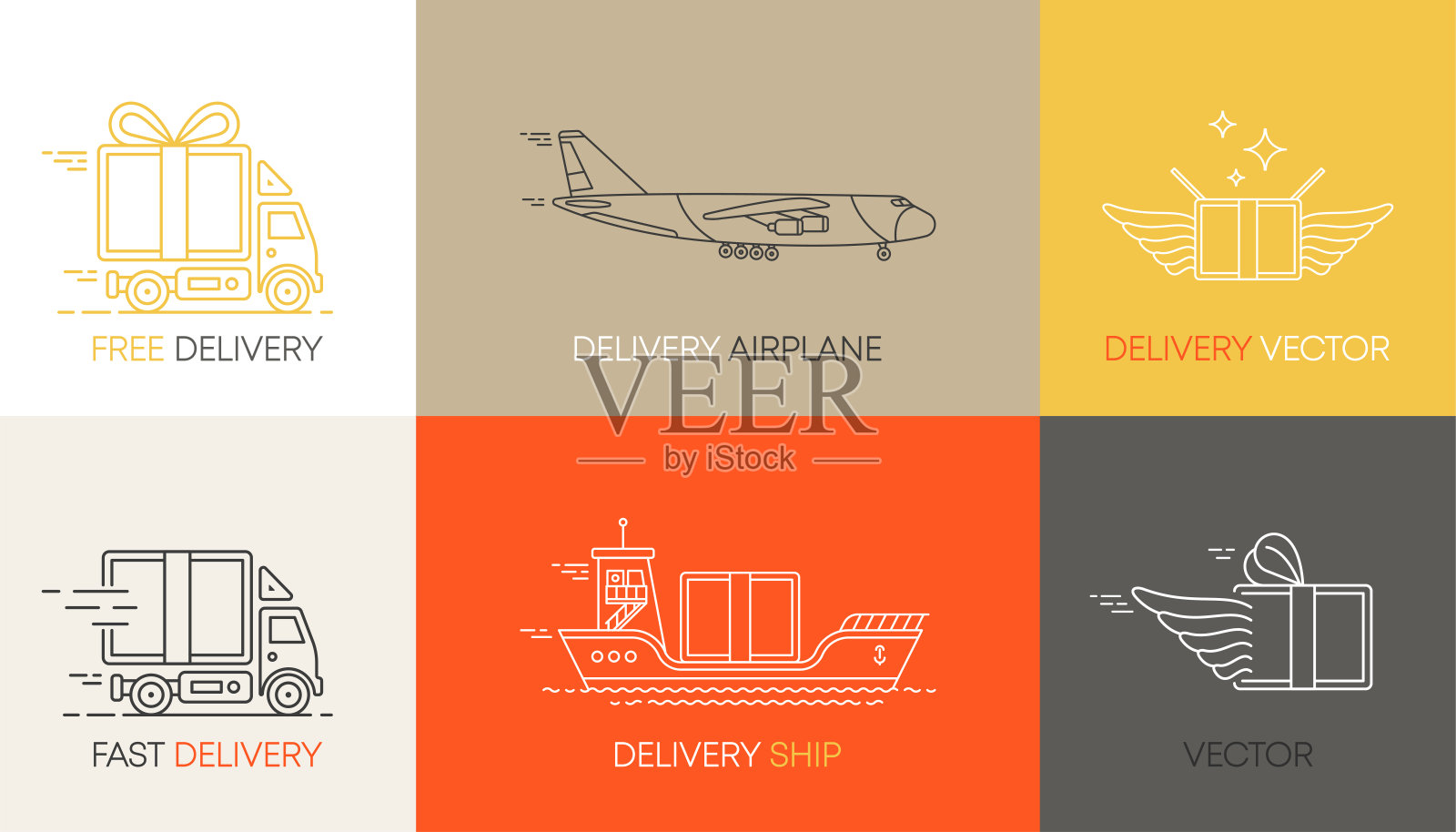 矢量速递服务标志设计元素为线性风格。一套平板卡车，飞机和船在不同颜色的盒子。向量。插画图片素材