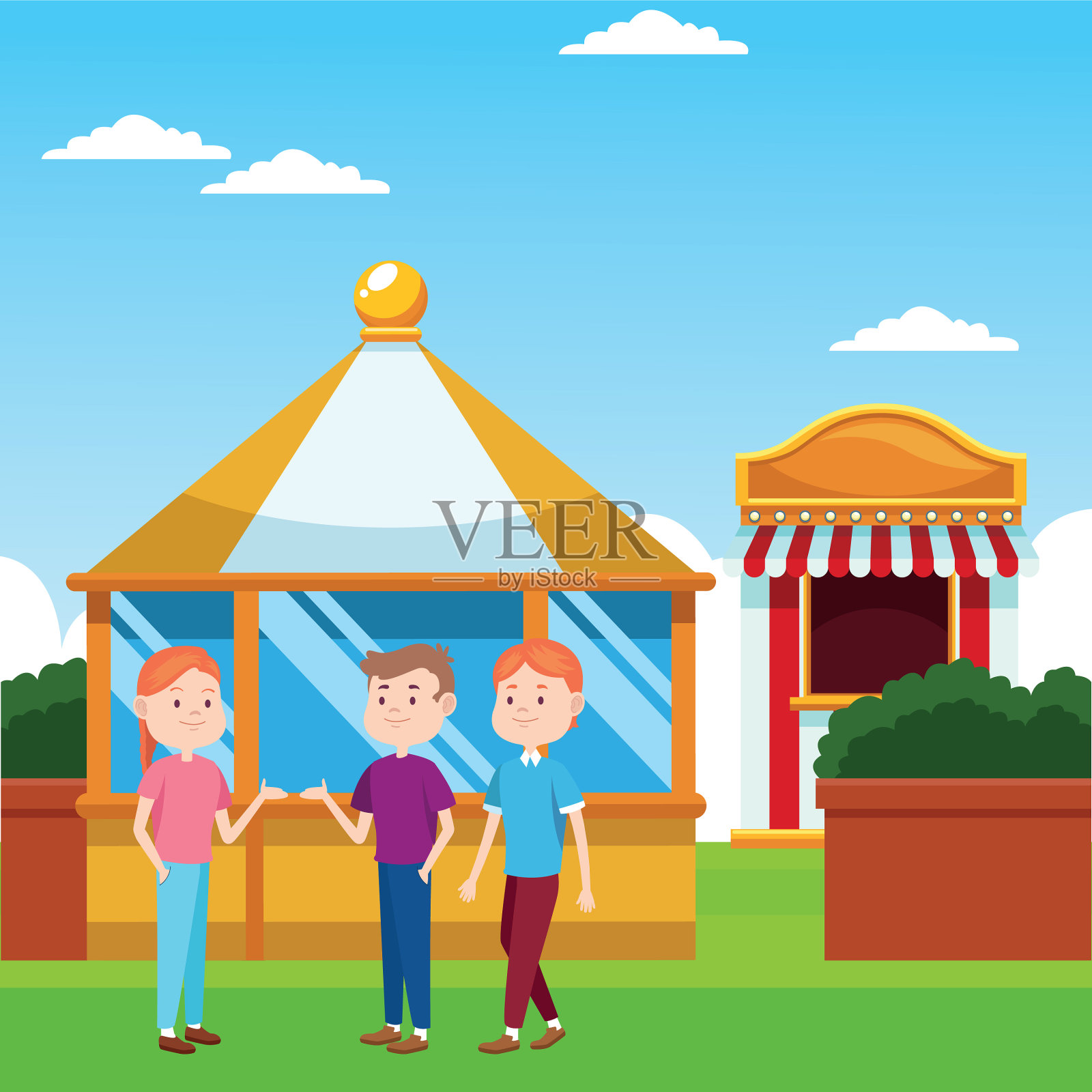 快乐的人们在公平的售票亭和插画图片素材