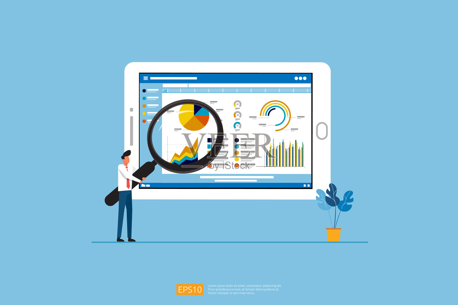 商人在电脑屏幕上分析网络统计图表。平面矢量信息图分析趋势图信息概念规划和会计，审计，数据报告，营销说明插画图片素材