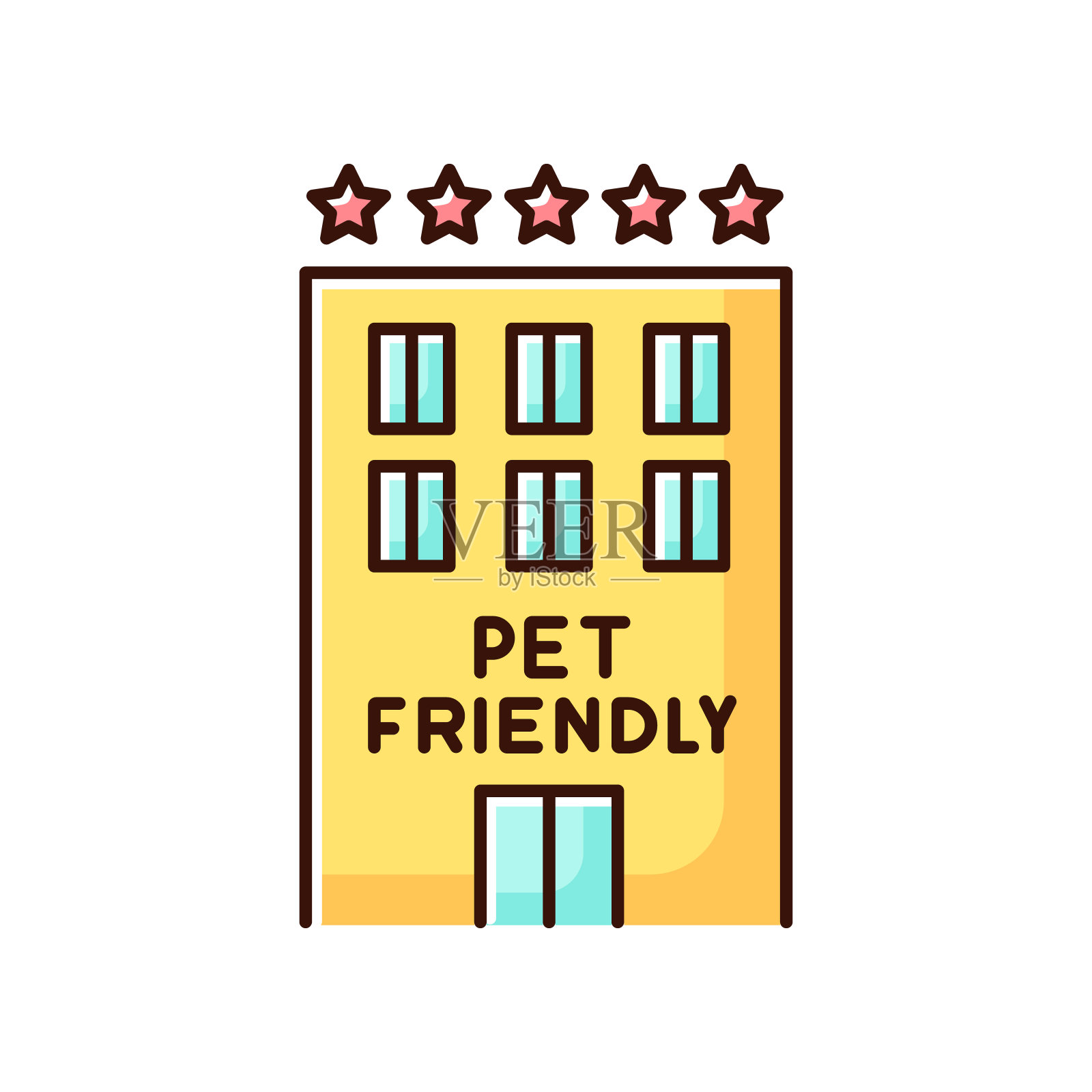 宠物友好的汽车旅馆外部黄色RGB颜色图标。家畜欢迎五星级酒店。猫狗允许住宿，猫狗欢迎区。孤立的矢量图插画图片素材