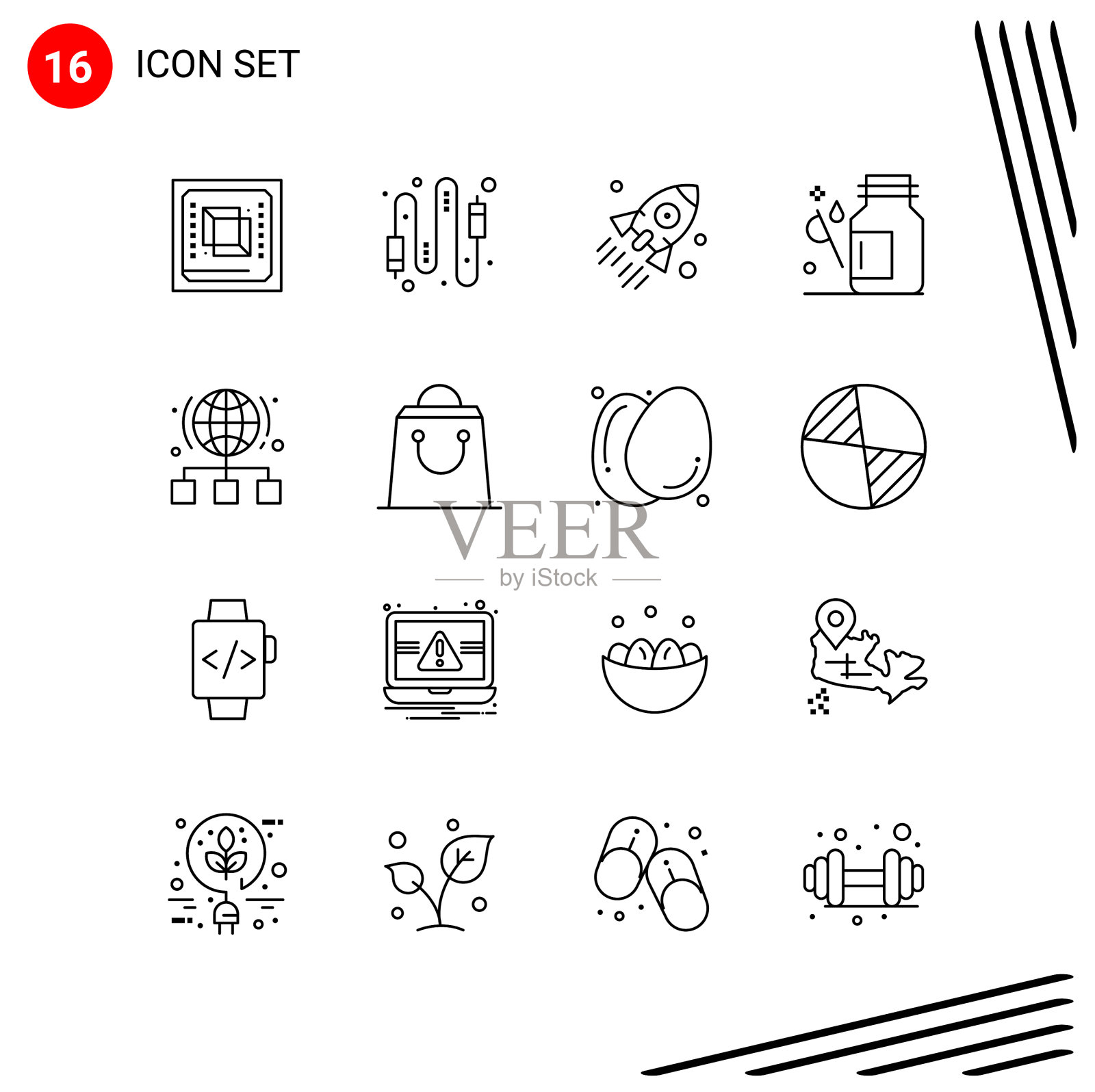 在线条样式像素中收集16个图标图标素材
