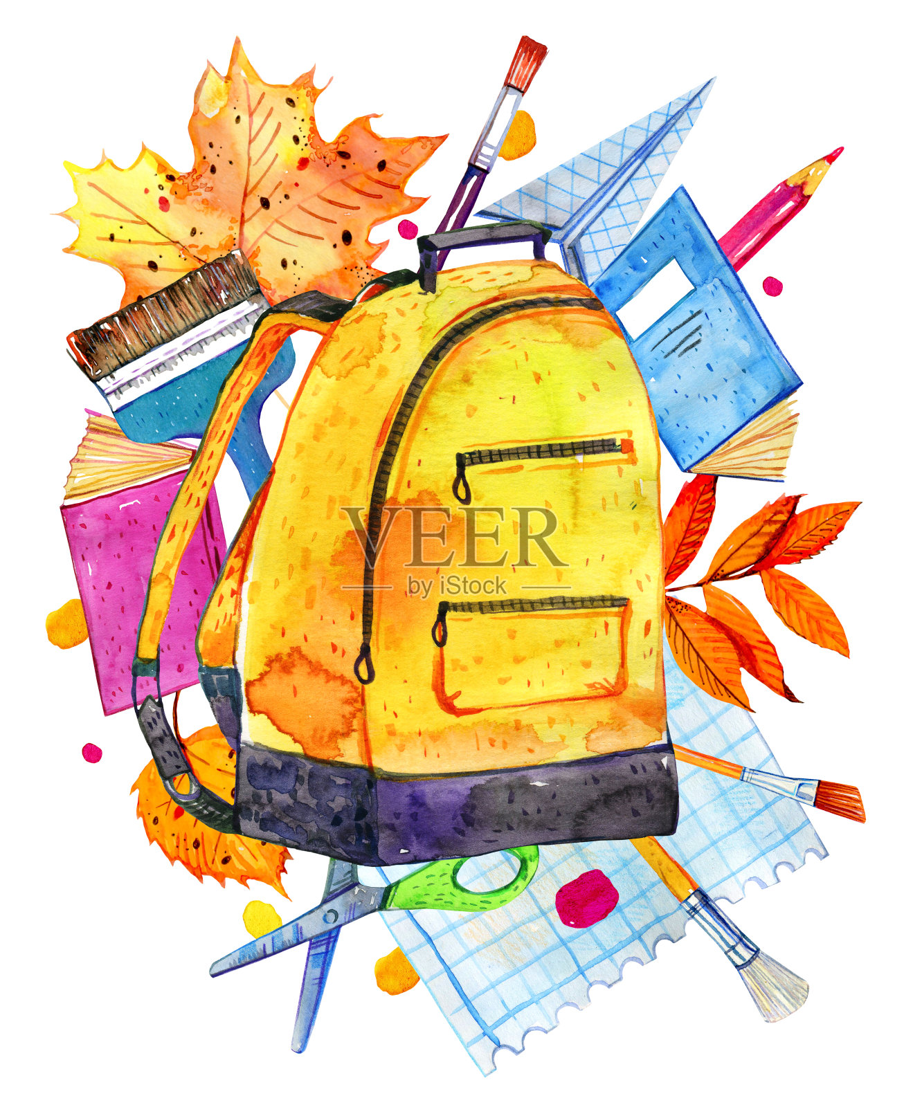 作文与学校项目。背包，秋叶，画笔和文具。手绘水彩素描插图插画图片素材