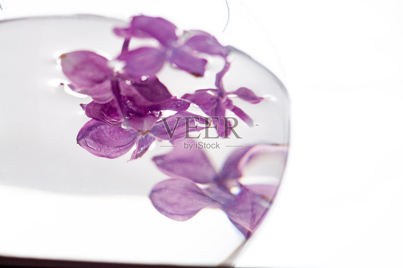 一瓶飘浮着丁香花的水照片摄影图片