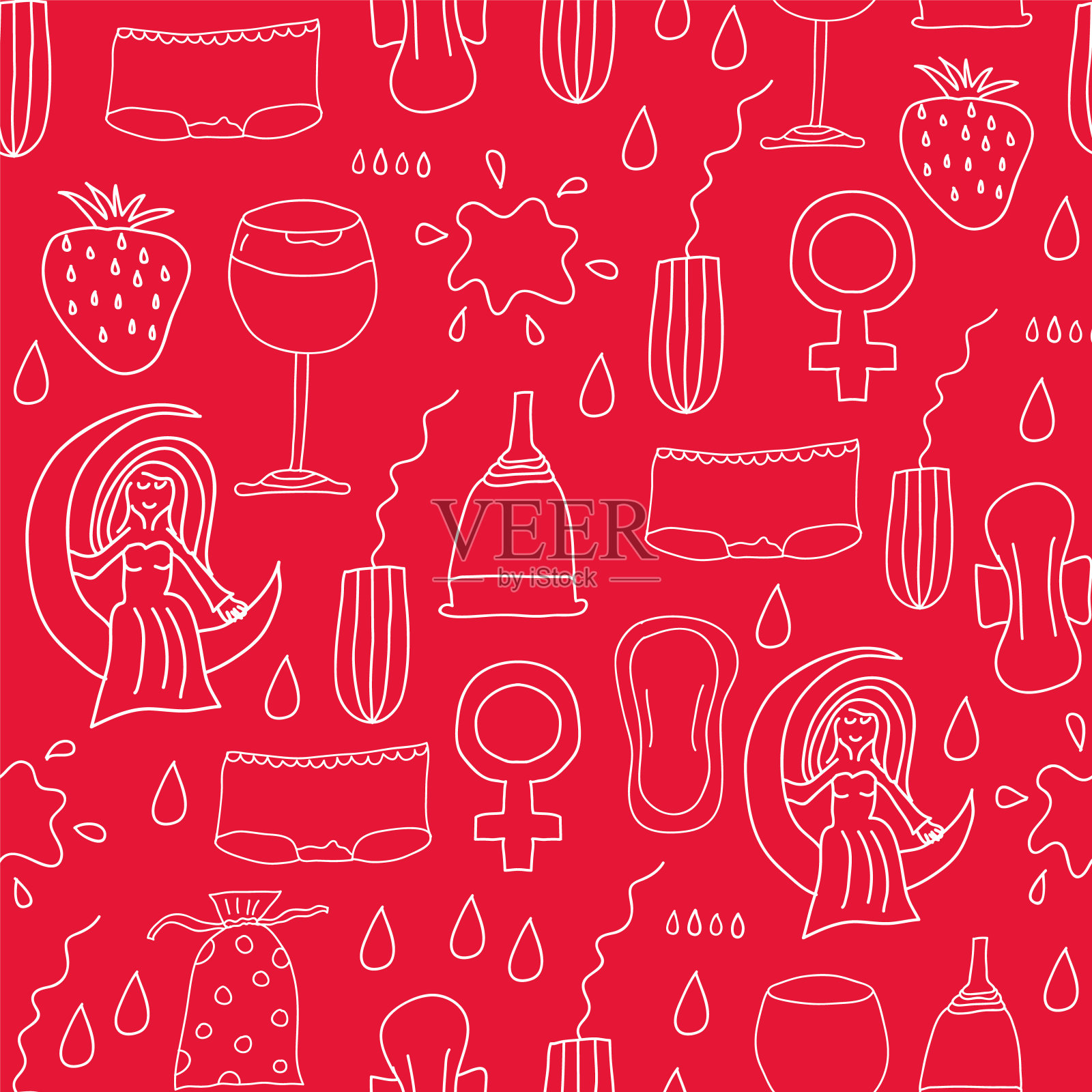 向量重复的图案，月经周期的符号如短裤，红酒，卫生棉条，卫生巾，月亮，女人，血，草莓。插画图片素材