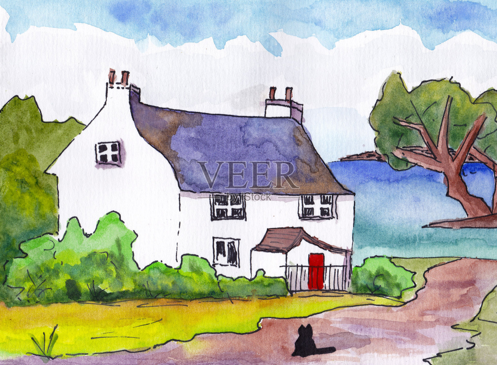 用水彩技法创作的卡通建筑素描。插画图片素材