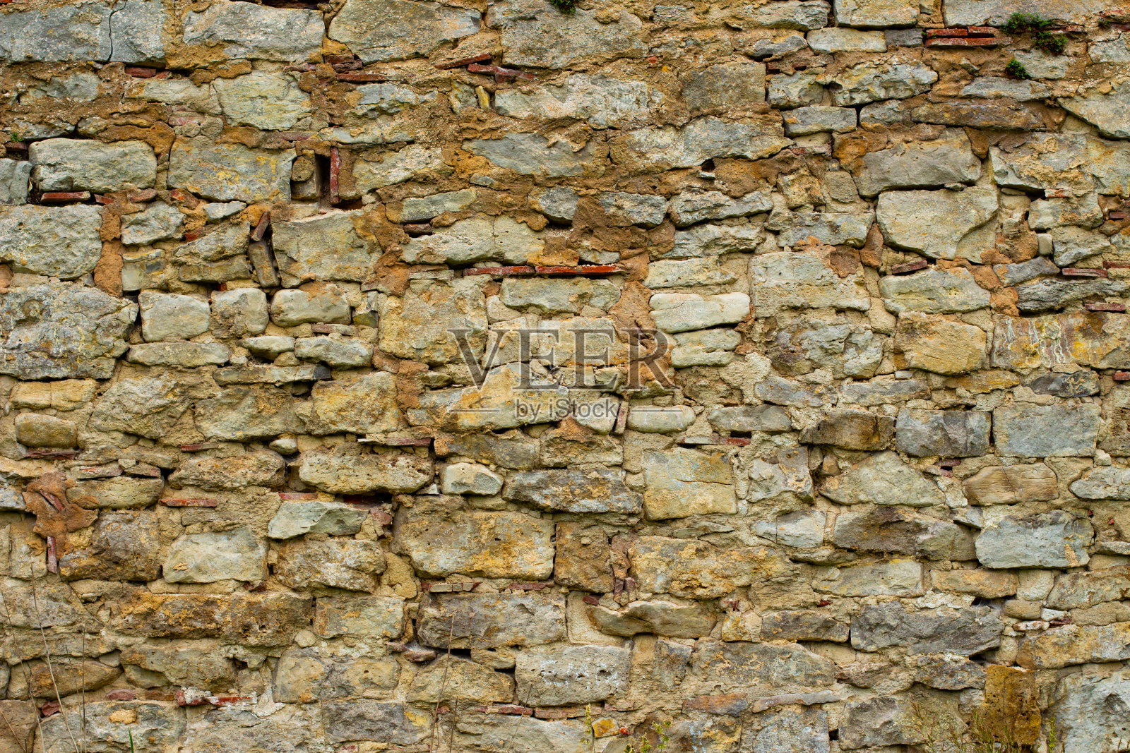 古老的天然石墙与植物和苔藓生长的裂缝背景照片摄影图片
