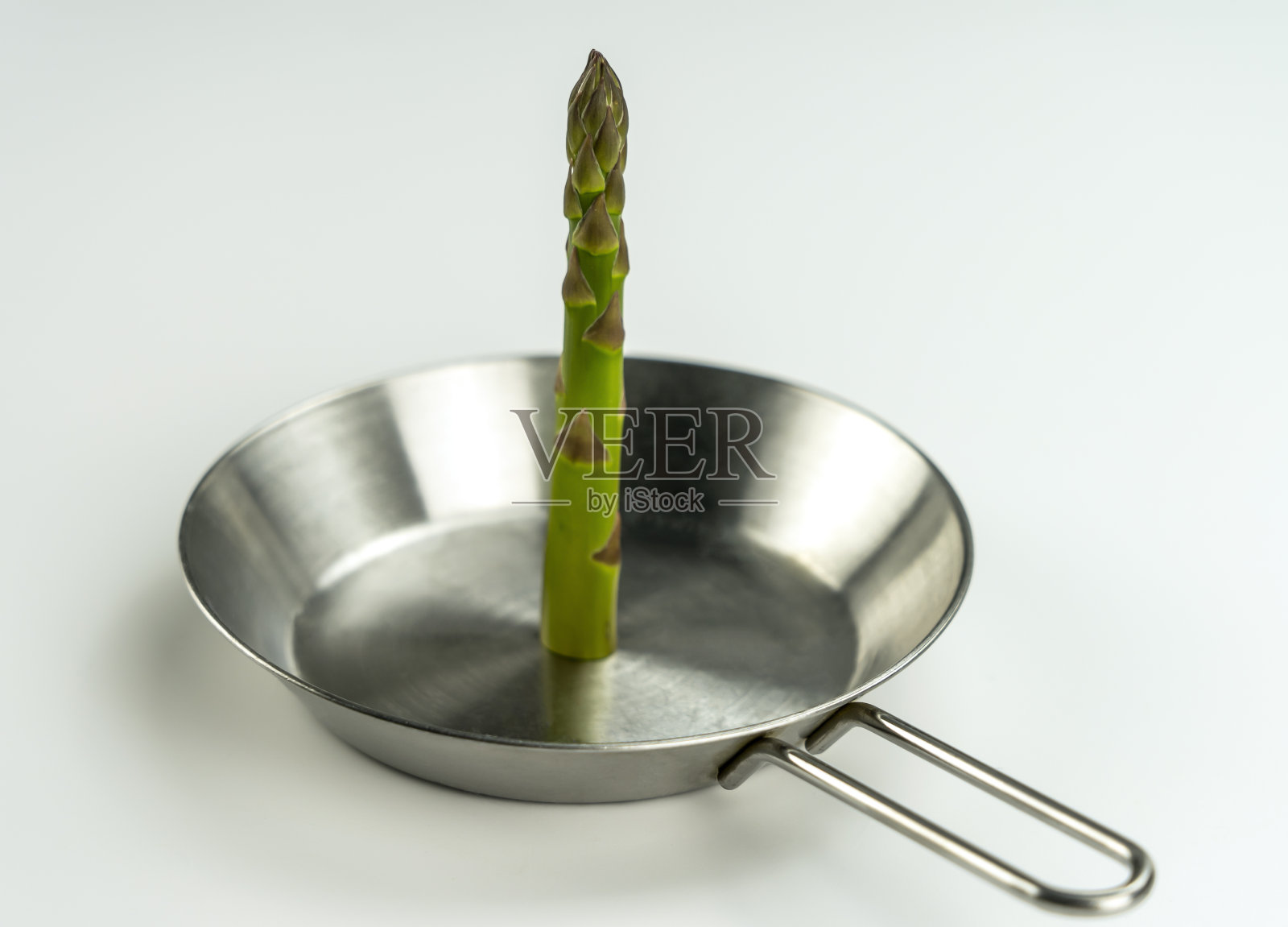 概念照片，一个白色背景的小钢锅中央立着一棵巨大的芦笋照片摄影图片