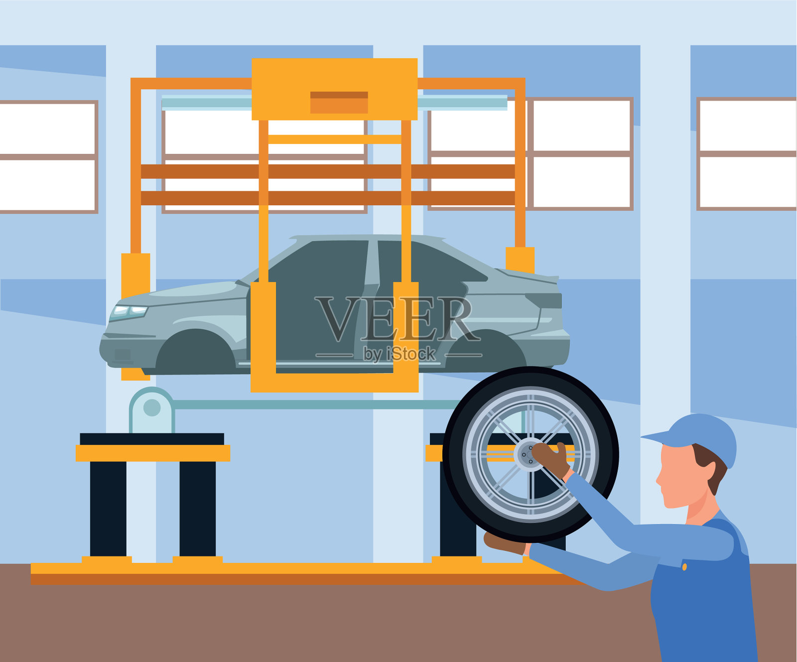汽车修理店风景用机修工抱着一个插画图片素材