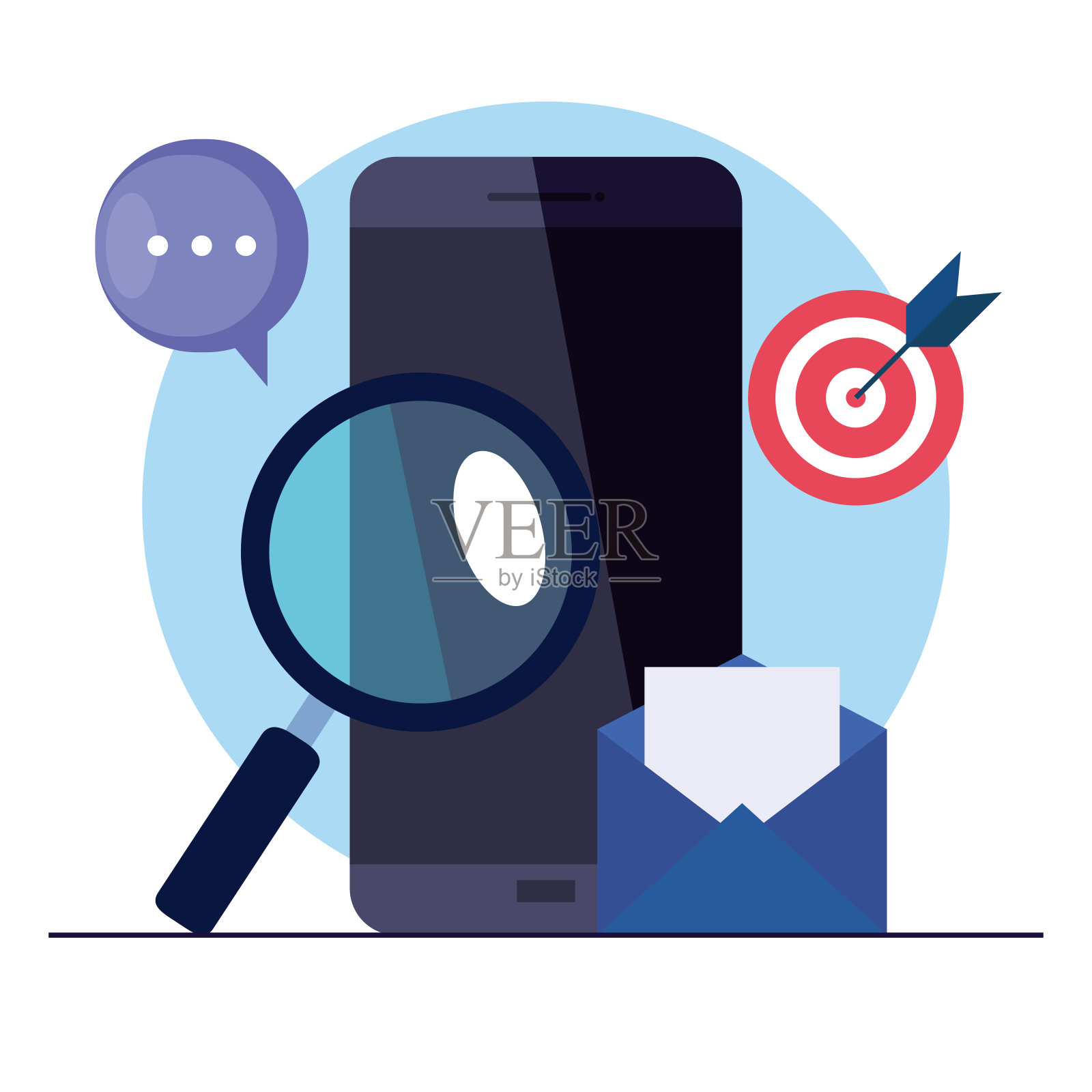 数字在线营销的企业和社会媒体营销，智能手机与营销图标插画图片素材