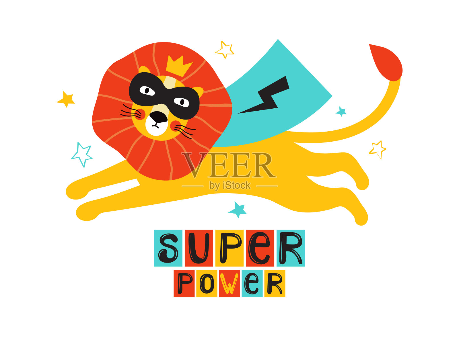 披着斗篷戴着黑色面具的狮子超级英雄在星空中飞翔。手绘矢量插图与字母短语超级力量。卡哇伊的性格的动物。设计海报，贴纸，t恤插画图片素材