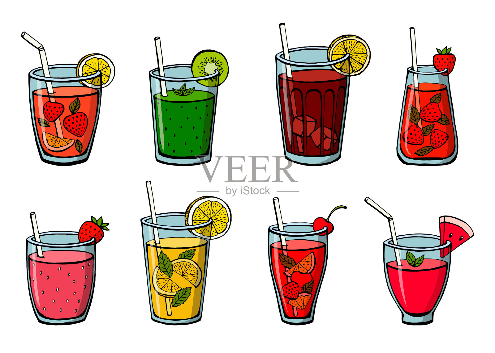设置不含酒精的夏季饮料孤立在白色背景。经典草莓柠檬水，冰茶，莫吉托，新鲜西瓜，猕猴桃和草莓冰沙。菜单矢量图像在草图风格。插画图片素材