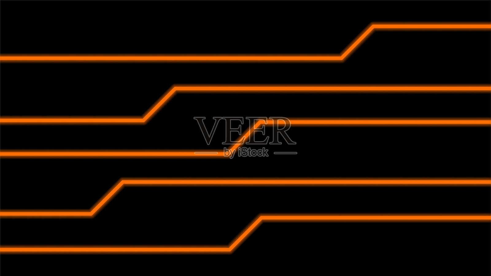 线条在黑色上发光橙色为背景，现代艺术线条发光橙色为技术概念，霓虹灯效果闪烁橙色辉光线，光橙色明亮闪烁在线形，光束发光插画图片素材