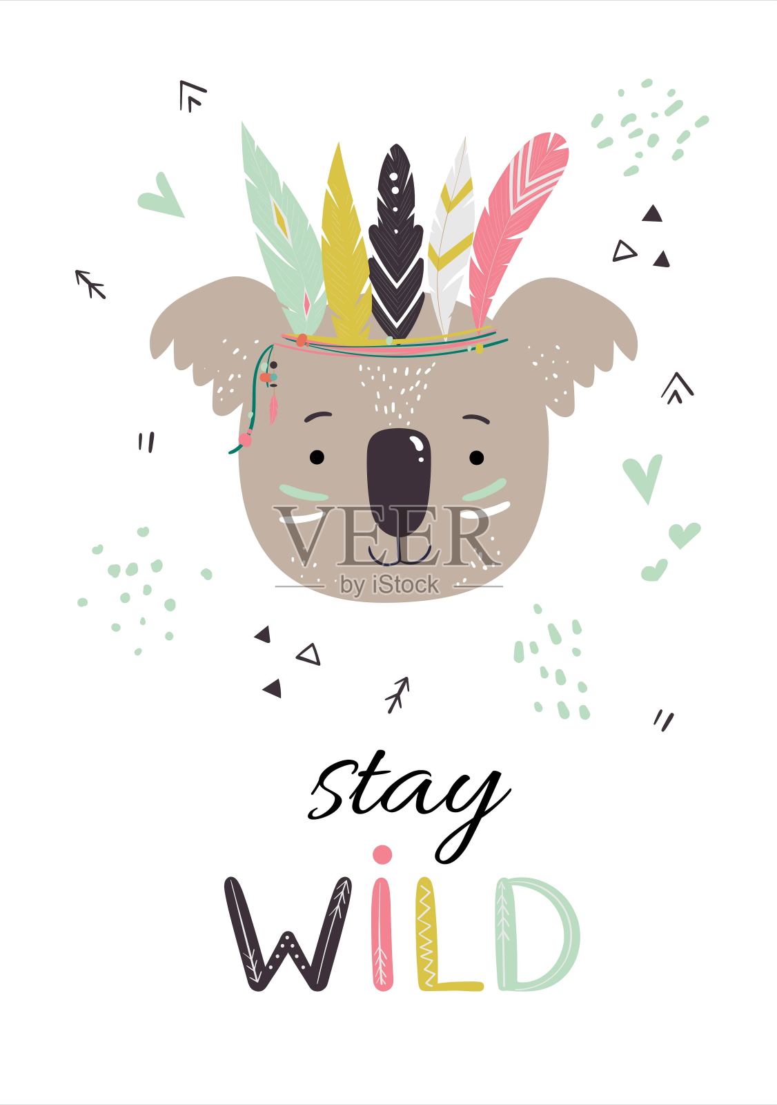 可爱的印度小考拉，有头巾和羽毛的部落动物插画图片素材